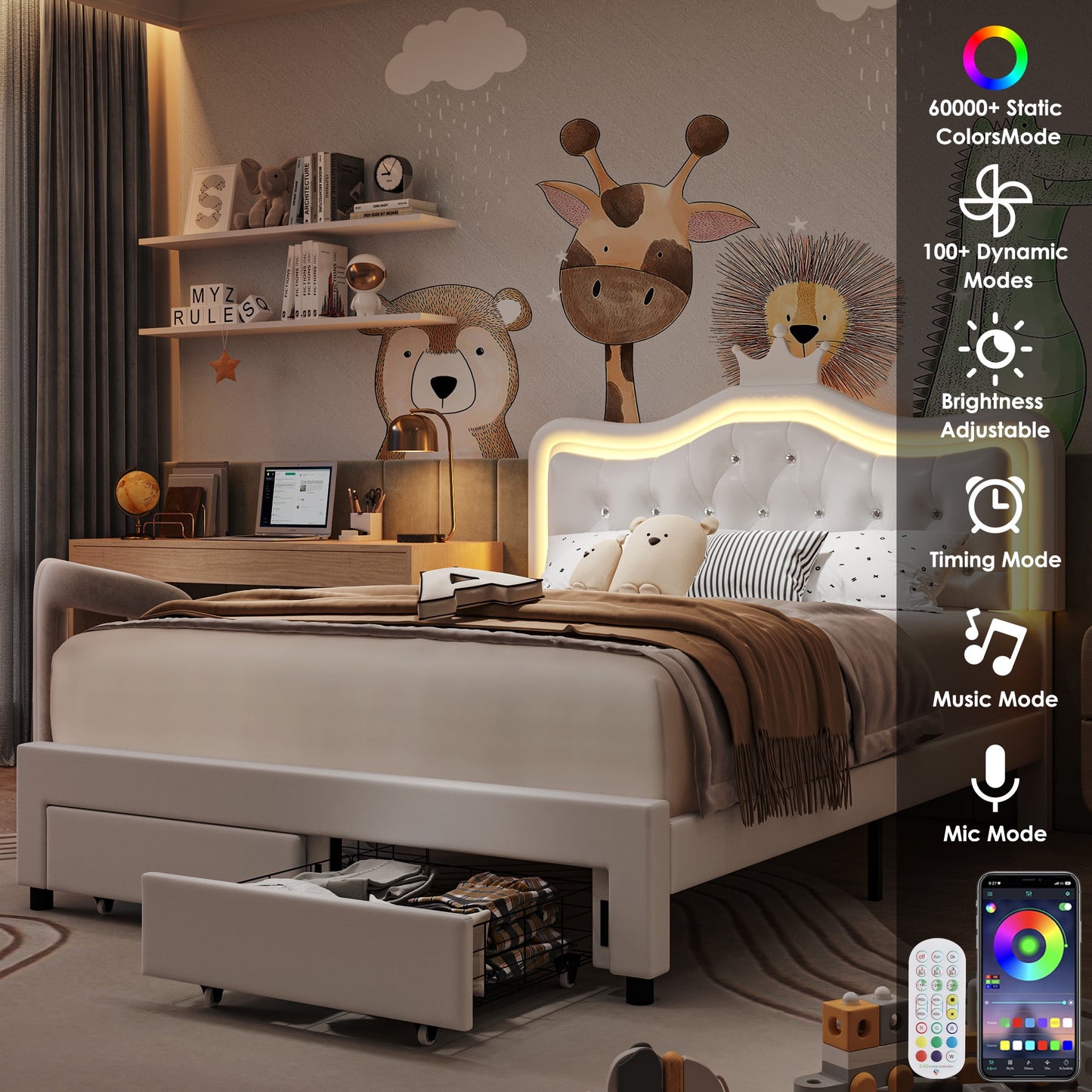 Homfa Queen LED Upholstered Bed with 2 Drawers, PU Leather Platform Bed with Adjustable Crown Headboard, White