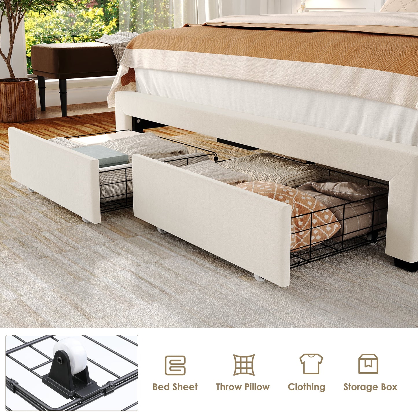 Homfa Queen Size LED Bed Frame with Outlets and USB Ports, Modern Storage Platform Bed with Velvet Fabric Button Tufted Upholstered Headboard, Beige
