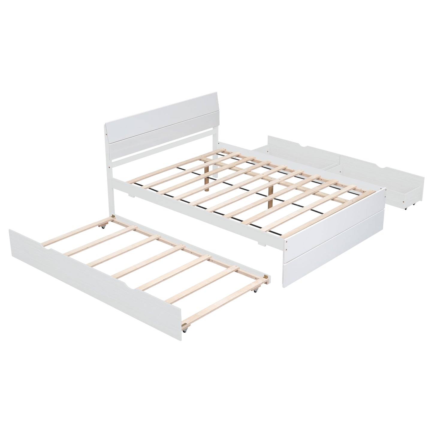 LegaHome Full Bed with Trundle and Storage Drawers, Modern Full Size Solid Wood Platform Bed Frame with Headboard and Trundle Included, No Box Spring Needed, White
