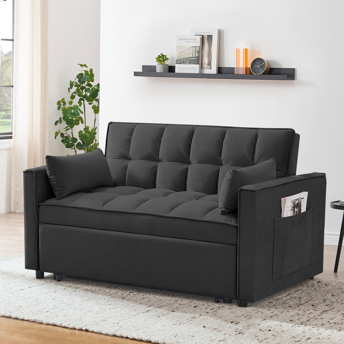 55 Inch Convertible Futon Sofa Bed,Modern Loveseat Sleeper Sofa Couch with Pull-Out Sofa Bed for Living Room,Small Space - Black
