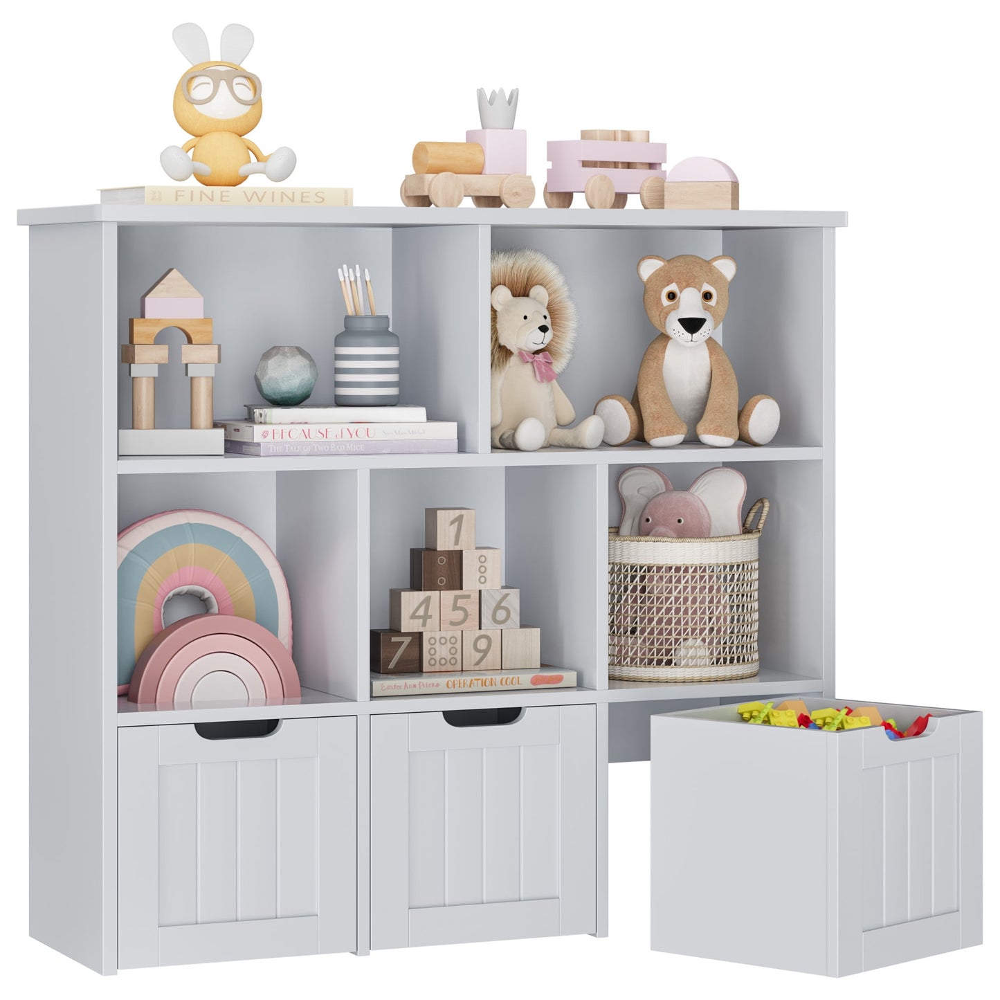 Homfa 5 Cube Toy Storage Organizer, Kids Geometric Bookcase with 3 Drawers, Storage Cabinet for Living Room, Gray Finish