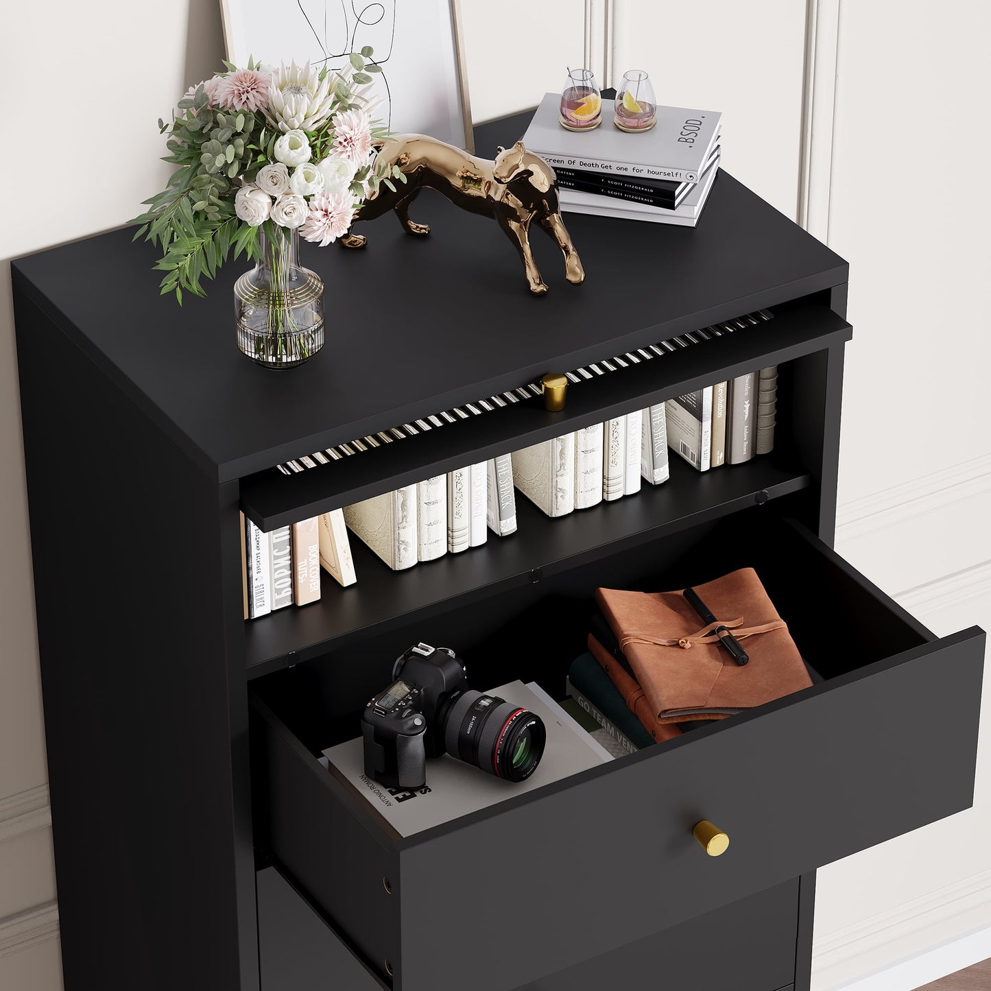 Homfa 6 Drawer Dresser, 51.4in Tall Chest of Drawers with Glass Doors, Wood Storage Cabinet for Bedroom Living Room, Black