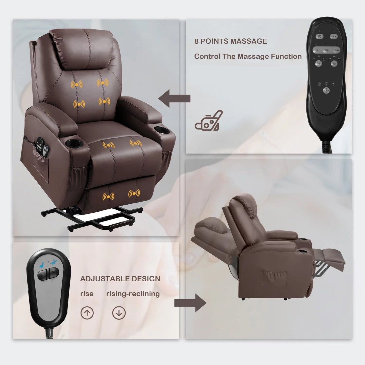 Homall Power Lift Chair PU Leather with Massage, Heat and Reclining, Ideal for Seniors, Brown