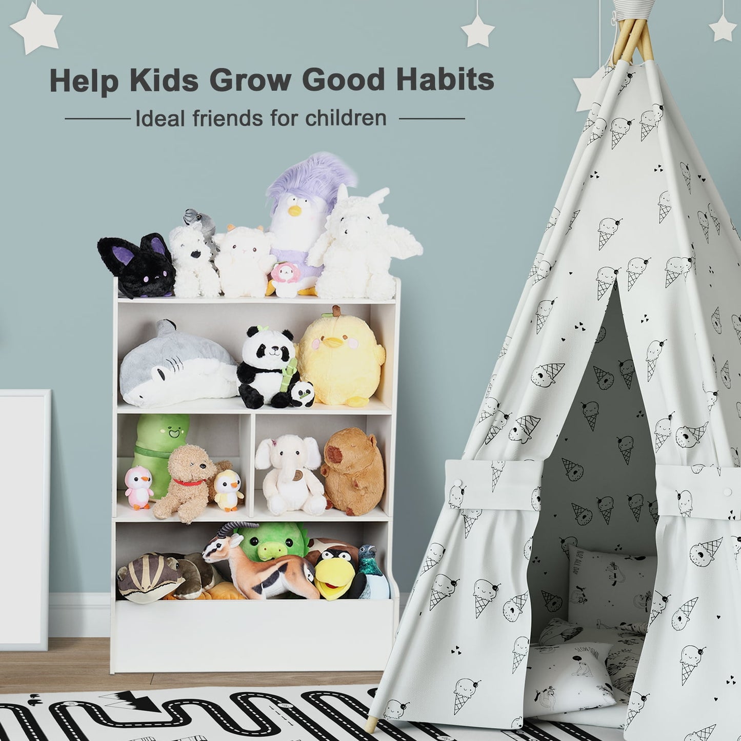 Andvari Book Bin Book Holder Kids Bookshelf Large Wooden Open Book Shelf for Playing Room, Nursery, Baby Bedroom, Floor Standing