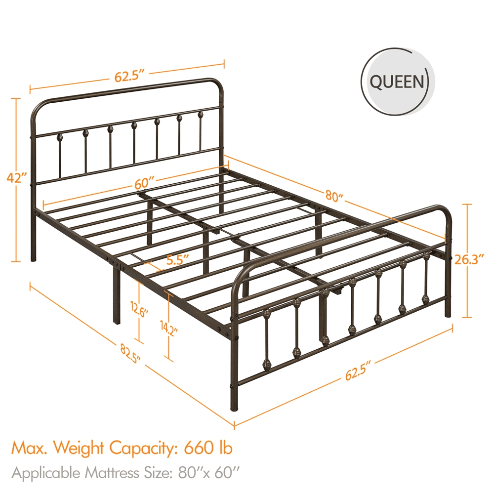 Alden Design Metal Platform Queen Bed with High Headboard, Bronze