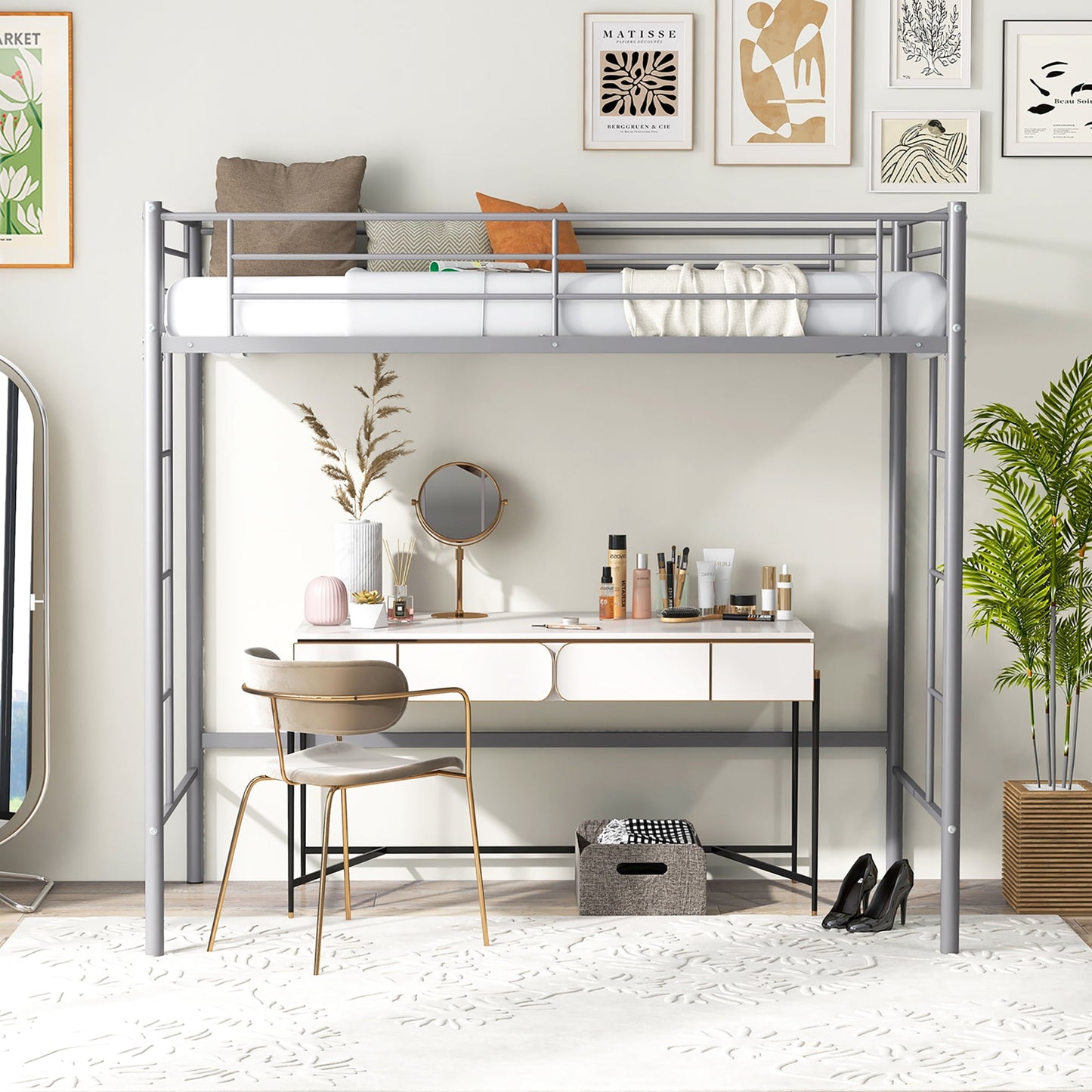 Gymax Twin Metal Loft Bed Frame w/ 2 Ladders Full-length Guardrail Space-Saving Silver