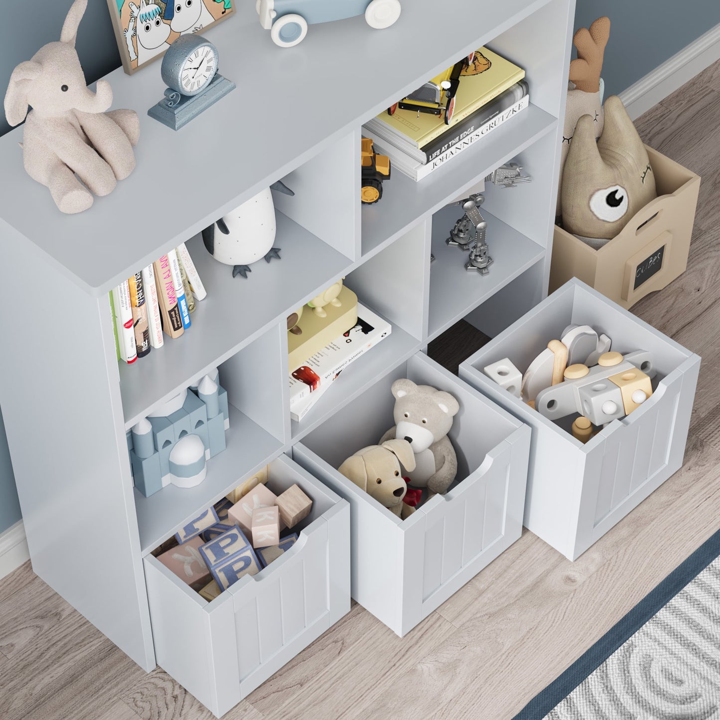 Homfa 5 Cube Toy Storage Organizer, Kids Geometric Bookcase with 3 Drawers, Storage Cabinet for Living Room, Gray Finish