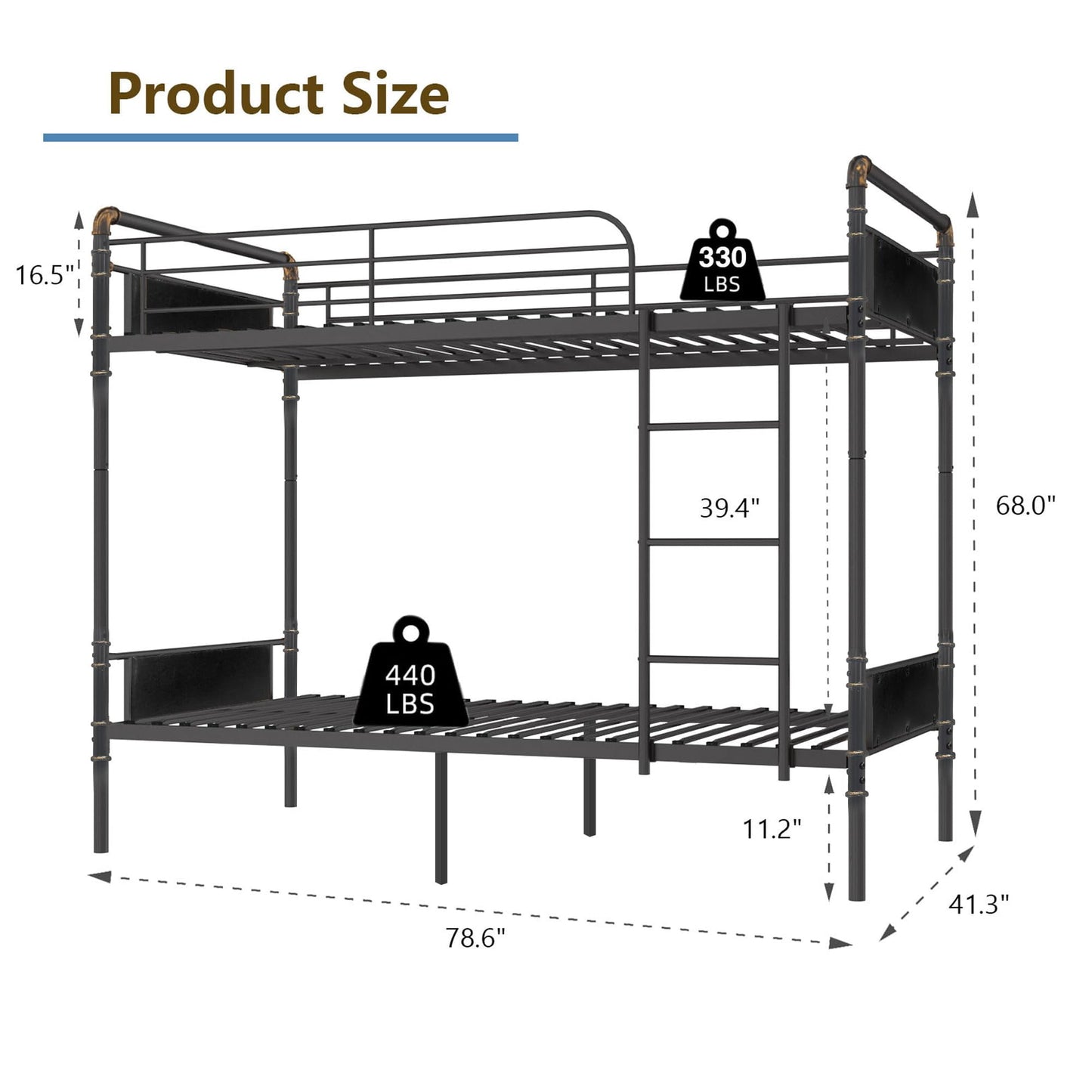 Alohappy Twin over Twin Bunk Bed, Convertible Twin Bunk Beds into 2 Individual Bed, Removable Ladder & Safety Guard Rail for Kids, Easy Assembly, No Box Spring Needed (Black)