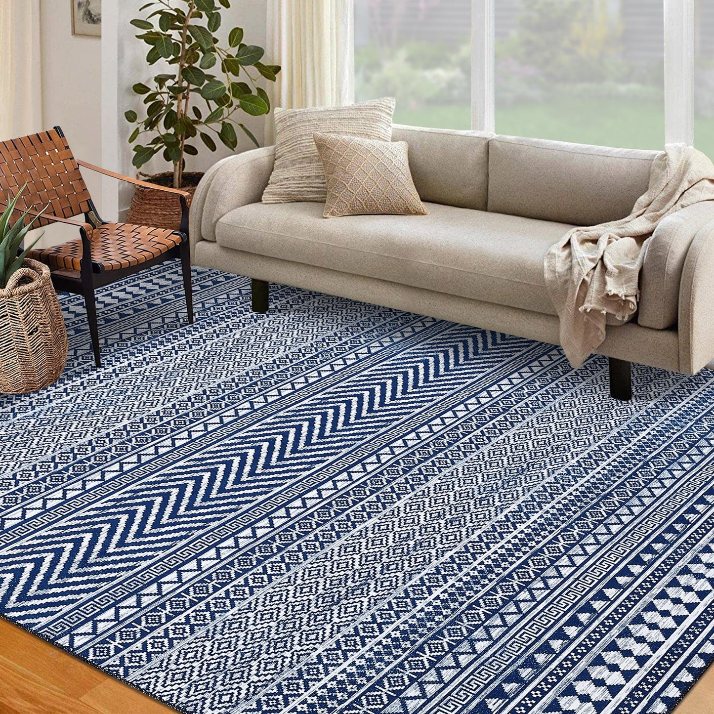 Haperlare Modern Geometric Area Rug 9 x 12 Ft Large Non-Slip Washable Living Room Rug Boho Bedroom Home Office Kitchen Large Dining Room Carpet, Navy Blue