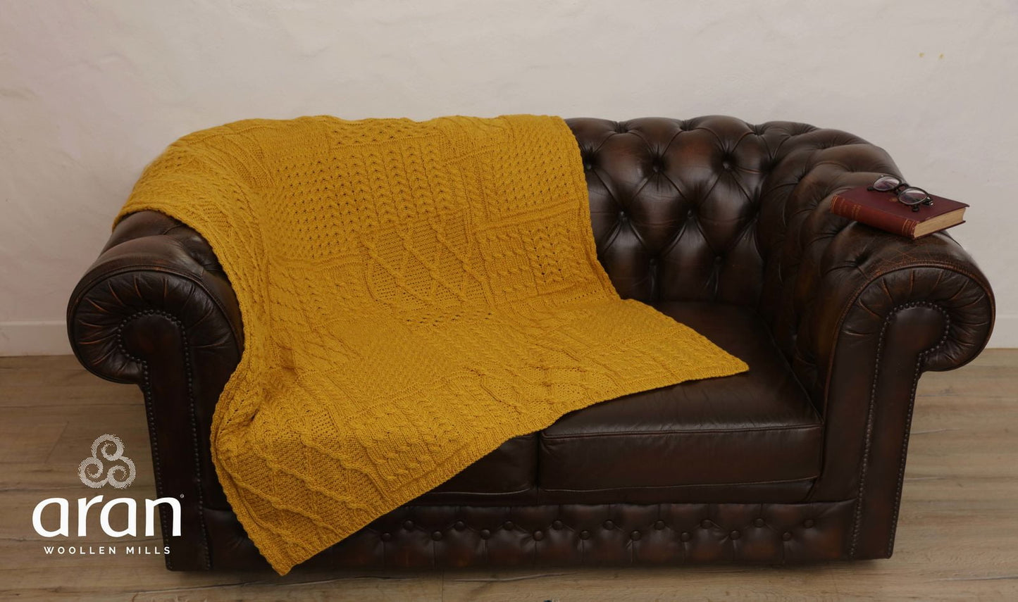 Aran Patchwork Throw 100% Premium Merino Wool Blanket 60in x 42in Made in Ireland by Aran Woollen Mills, Yellow