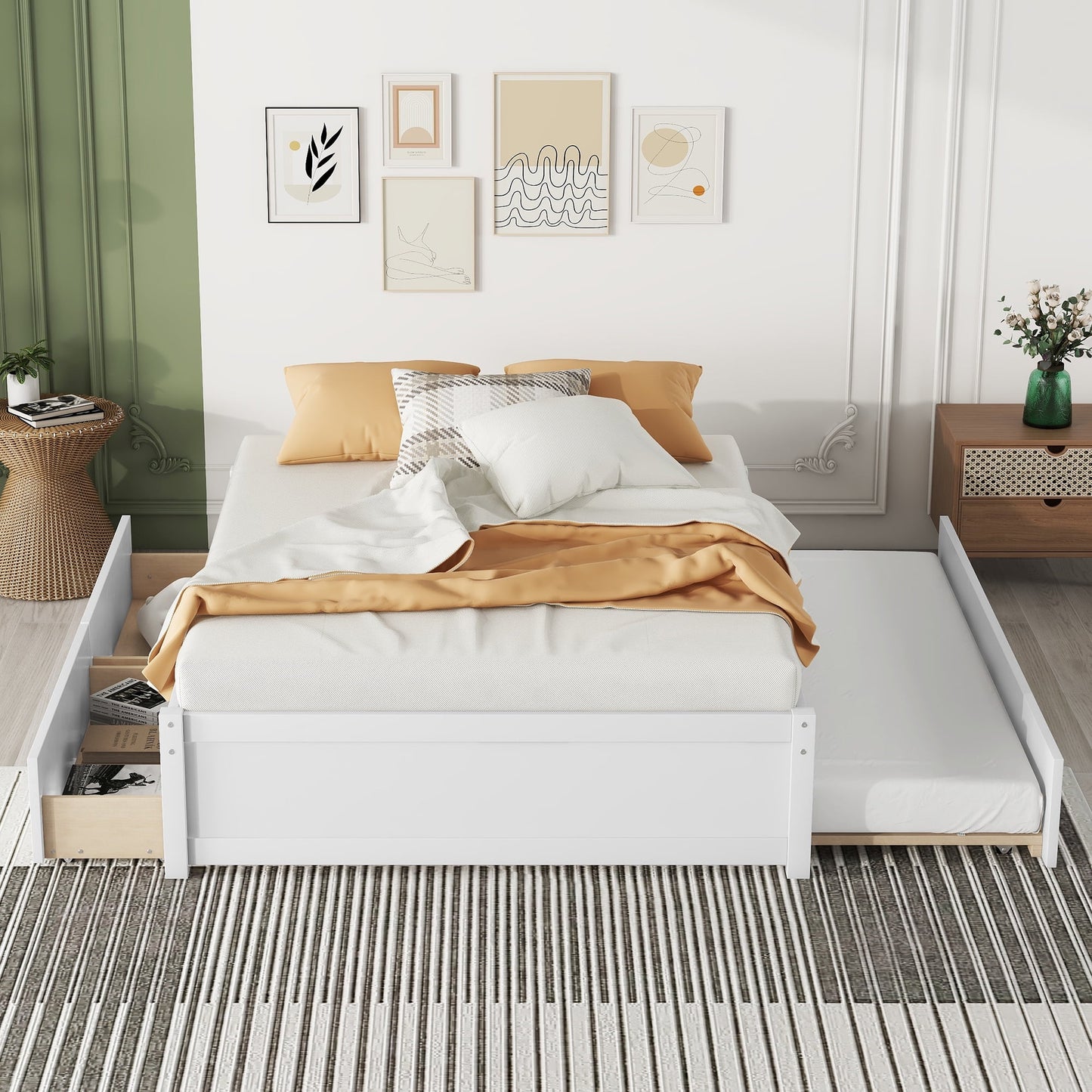 LegaHome Full Bed with Trundle and Storage Drawers, Modern Full Size Solid Wood Platform Bed Frame with Trundle Included, No Box Spring Needed, Daybed Trundle Bed for Kids Teens Adults, White