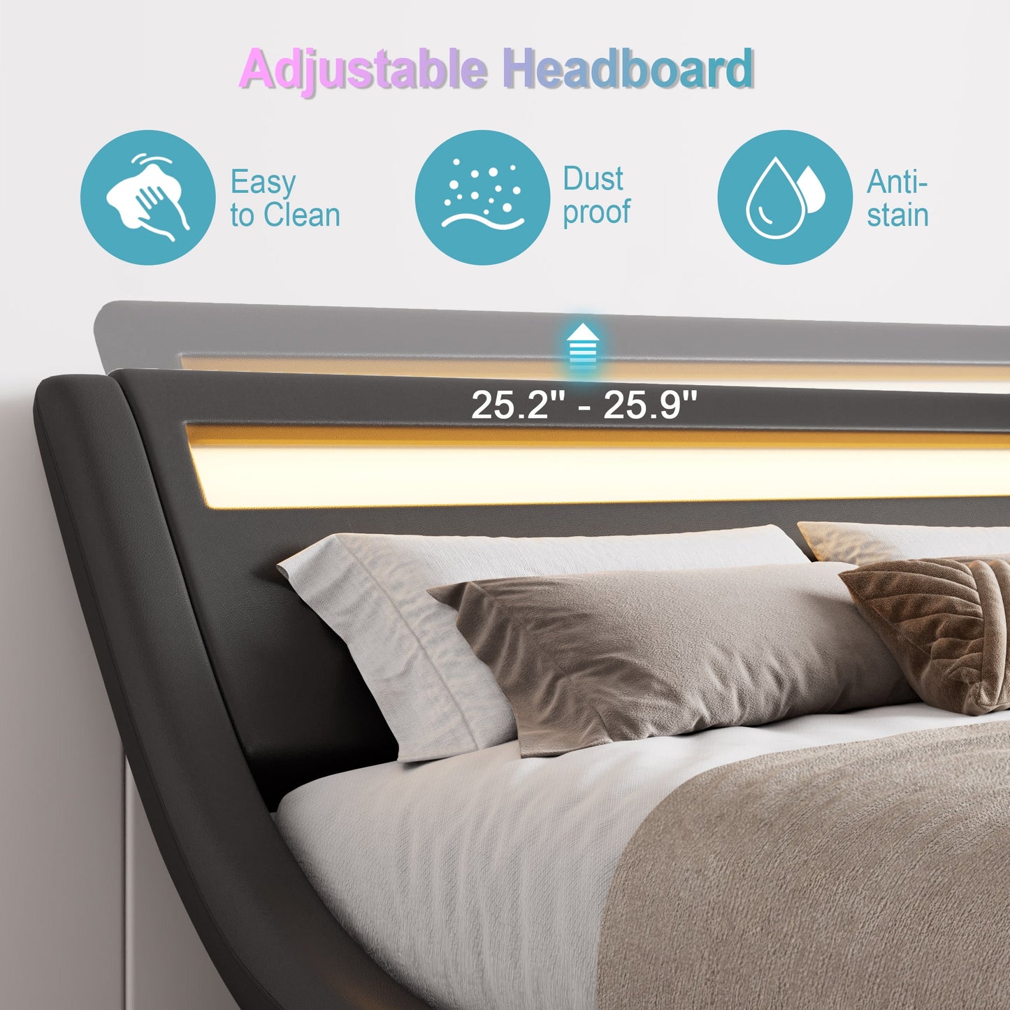 Amolife King Size Wave-like Curve Deluxe Upholstered Modern Bed Frame with LED Headboard, Dark Gray