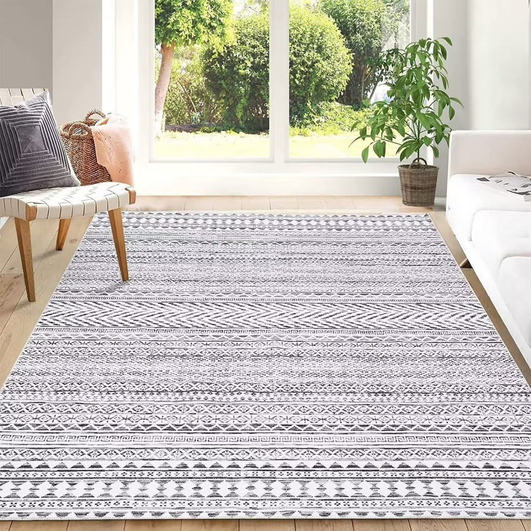 Haperlare Boho Area Rug Tribal Large Area Rug Low-Pile Rug Non-Shedding Rugs for Living Room Bedroom Dining Home Office Area Rug, 8'x10', Light Gray
