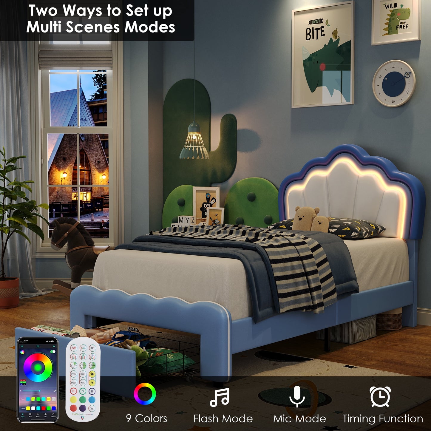 Homfa Twin Size LED Bed Frame with Drawer, PU Leather Upholstered Platform Bed with Adjustable Petal Headboard for Kid, Blue