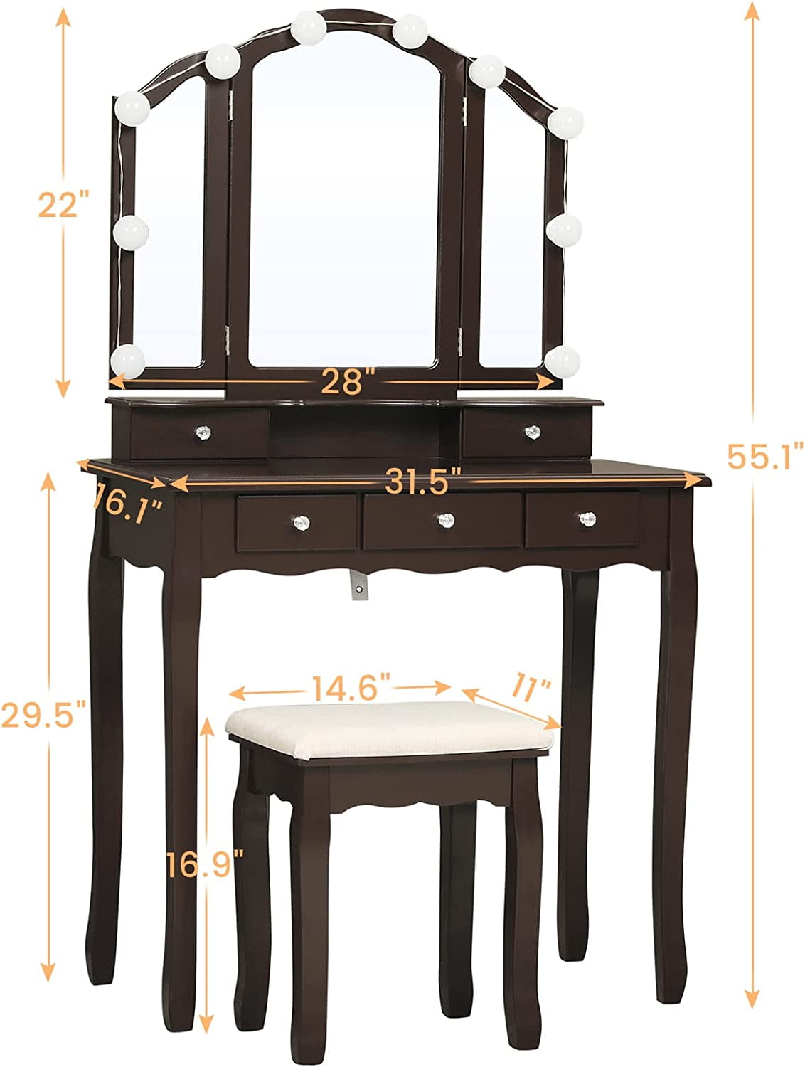 Afuhokles Vanity Table Set with Tri-Folding Mirror 10 LED Light 5 Drawers, Brown
