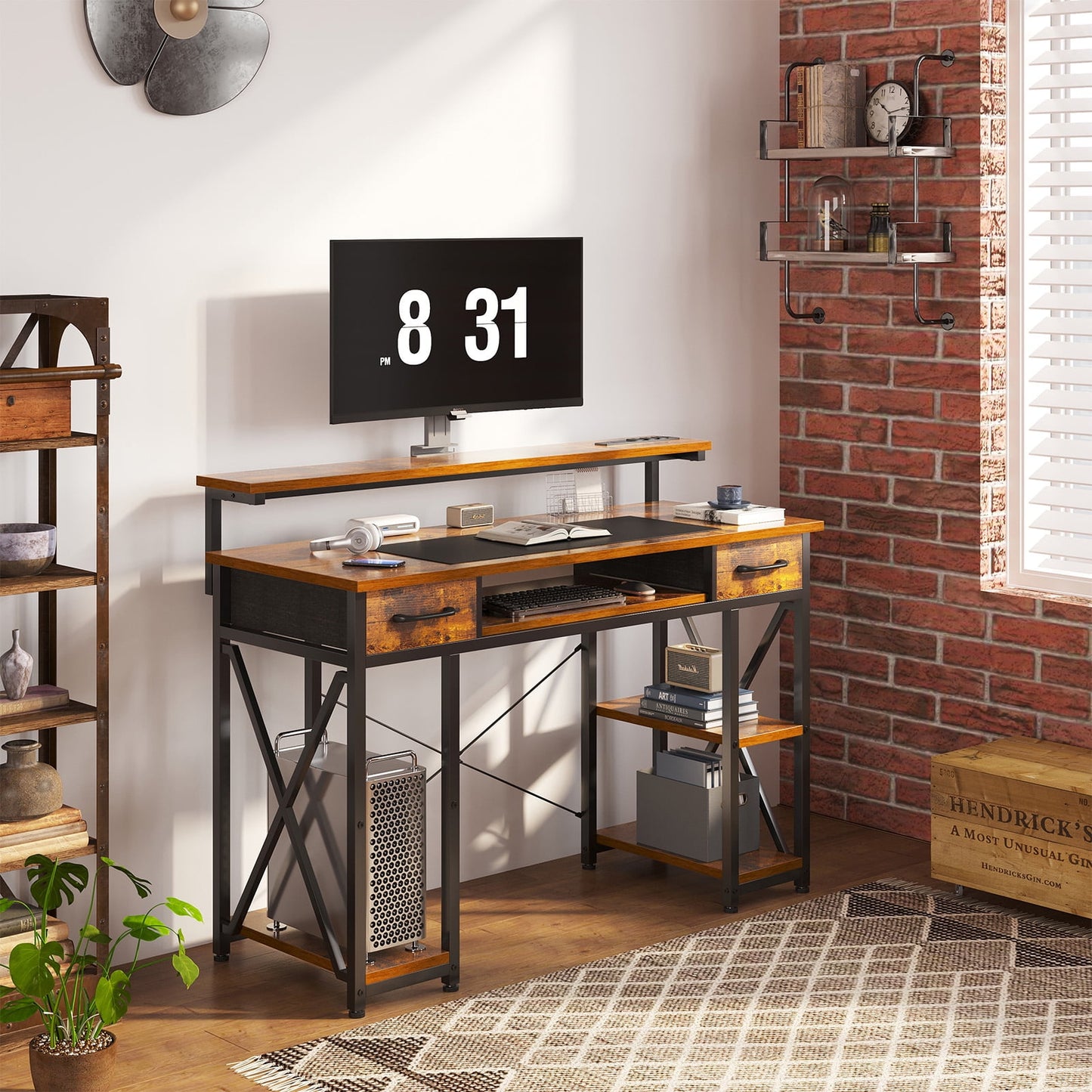 KKL 48 inch Height Adjustable Home Office Desk with USB Charging Port & Keyboard Tray, Writing Desk with Drawers