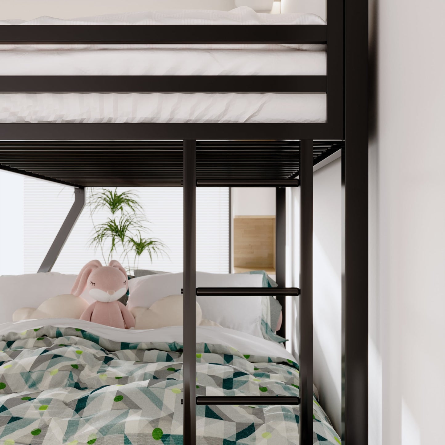 Sifurni Twin Over Full Metal Bunk Bed with Removable Stairs & Full-Length Guardrail, Black