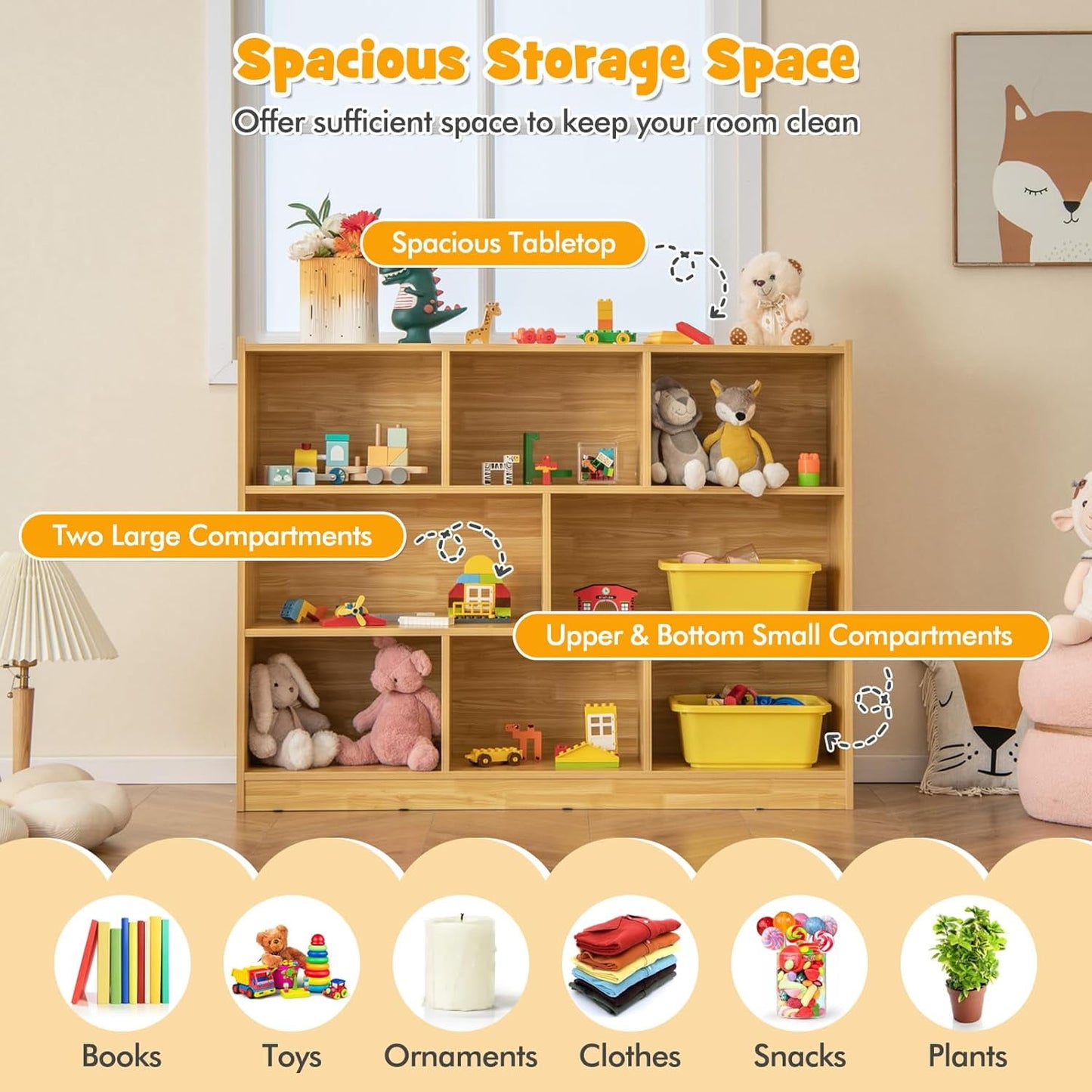 HONEY JOY Kids Toy Storage Organizer, 8-Section Storage Daycare Shelf for Preschool, Children 3-Tier Open Wooden Display Book Shelf Organizer for Classroom, Playroom & Nursery, Kindergarten(Natural)