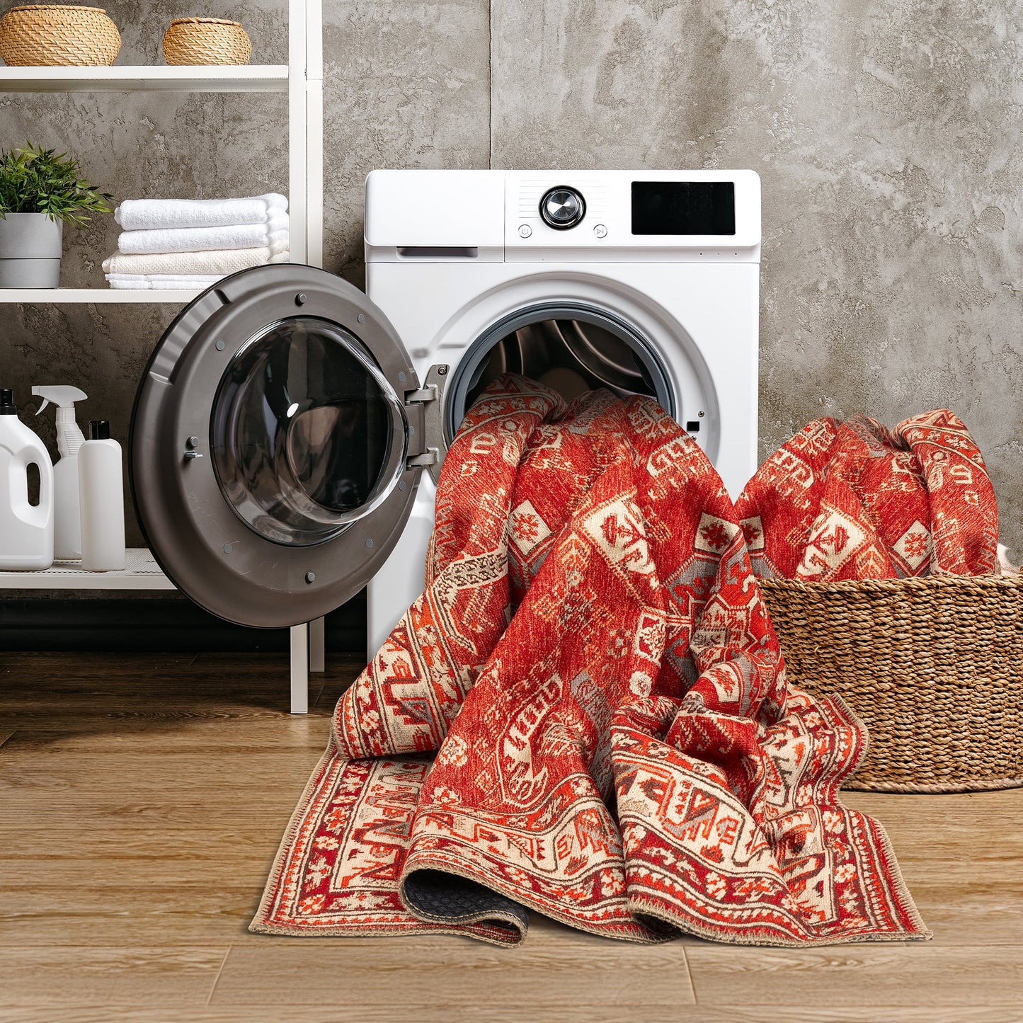 GLN Rugs Knossos - Machine Washable Area Rug - 5'x7' Turkish Vintage Rug - Red/Beige