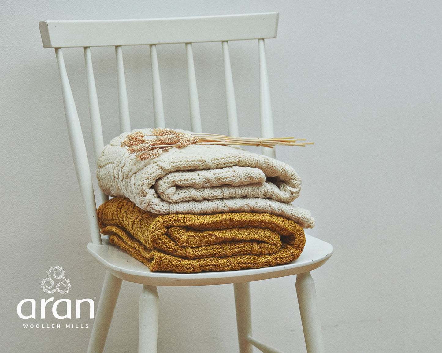 Aran Patchwork Throw 100% Premium Merino Wool Blanket 60in x 42in Made in Ireland by Aran Woollen Mills, Yellow