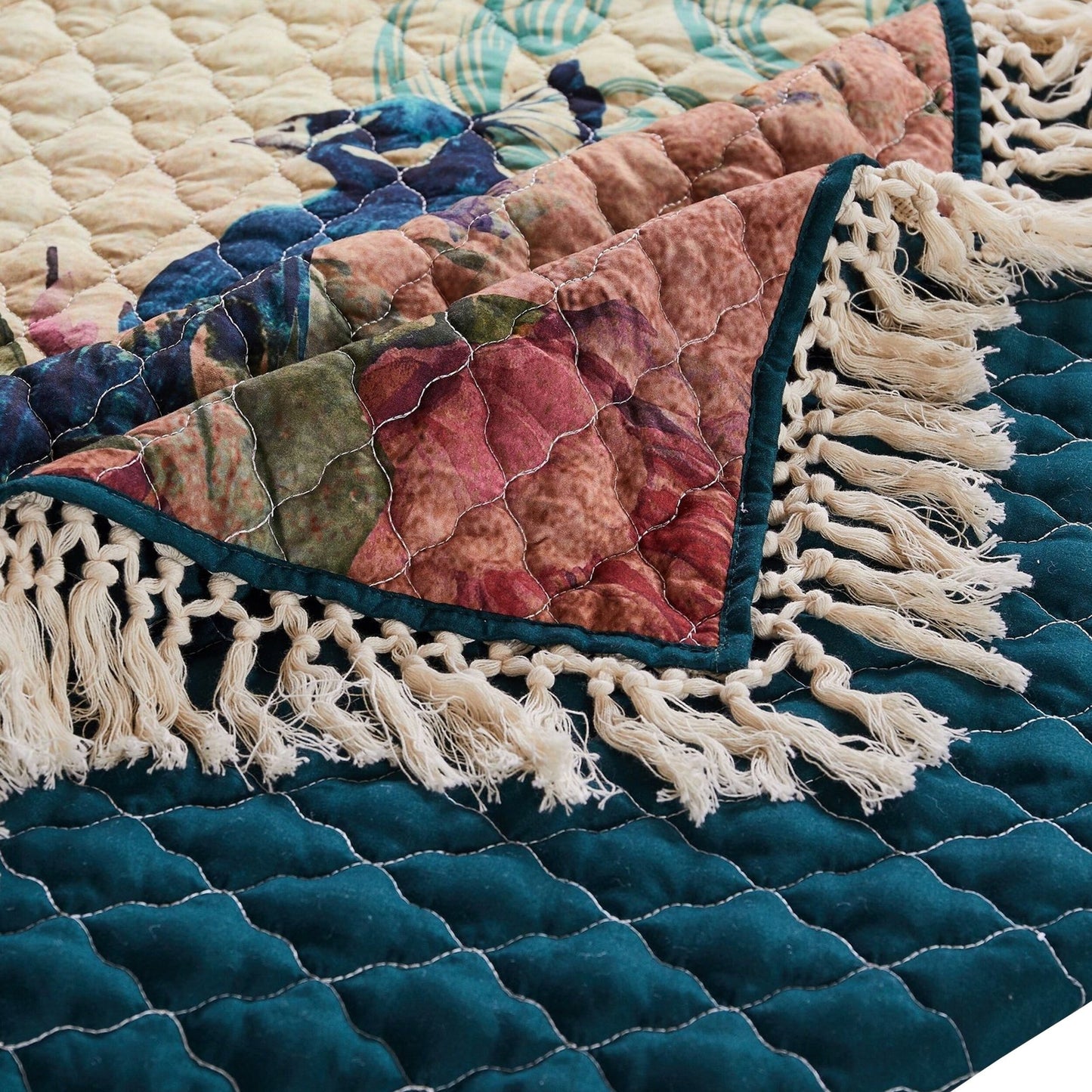 3 Piece Queen Size Quilt Set with Floral Print and Crochet Trim, Multicolor