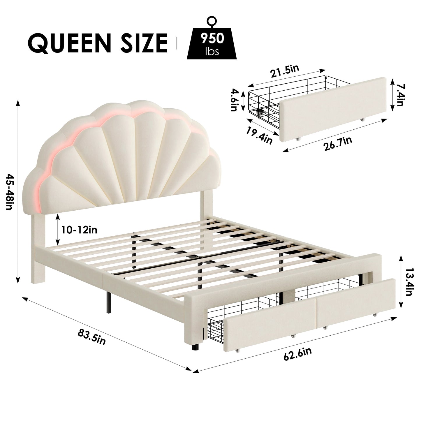 Homfa Queen Size LED Bed Frame with Drawer, Velvet Upholstered Platform Bed with Adjustable Petal Headboard for Kid, Beige