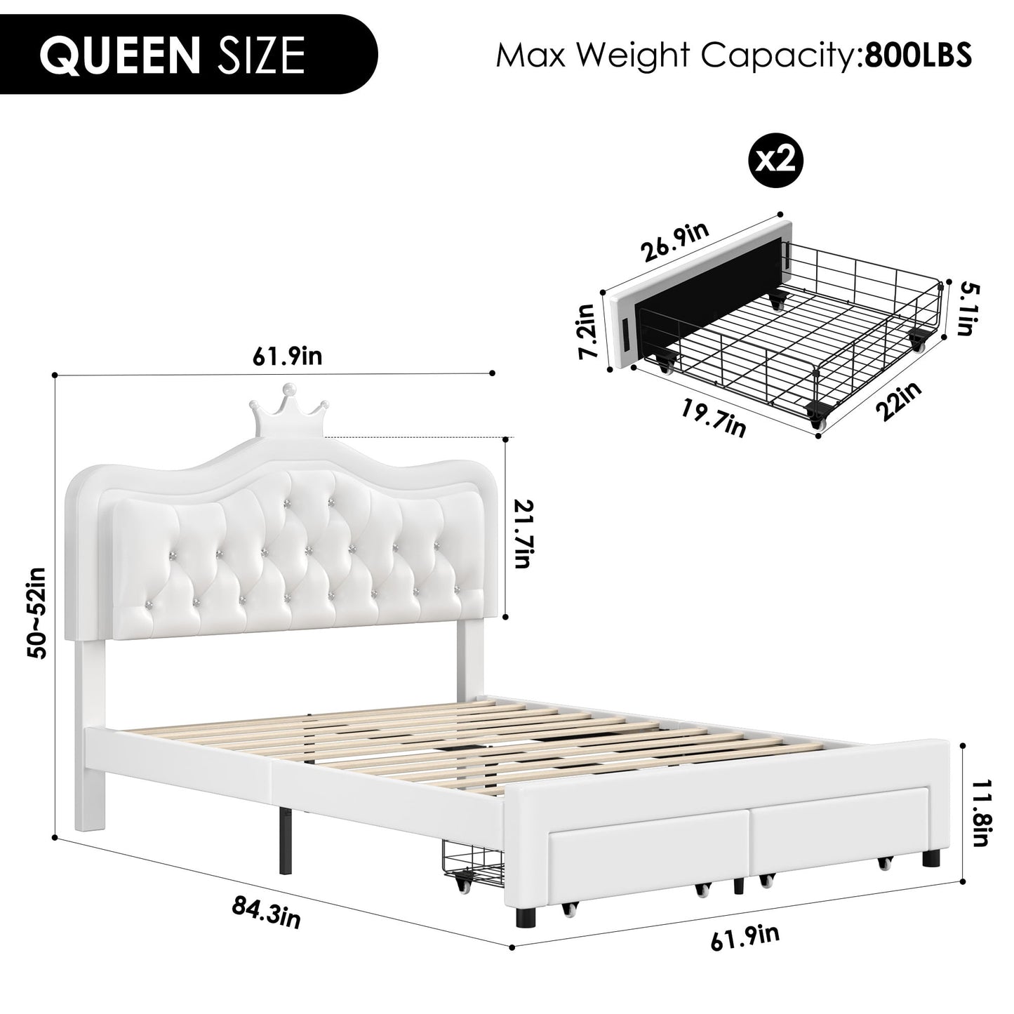 Homfa Queen LED Upholstered Bed with 2 Drawers, PU Leather Platform Bed with Adjustable Crown Headboard, White