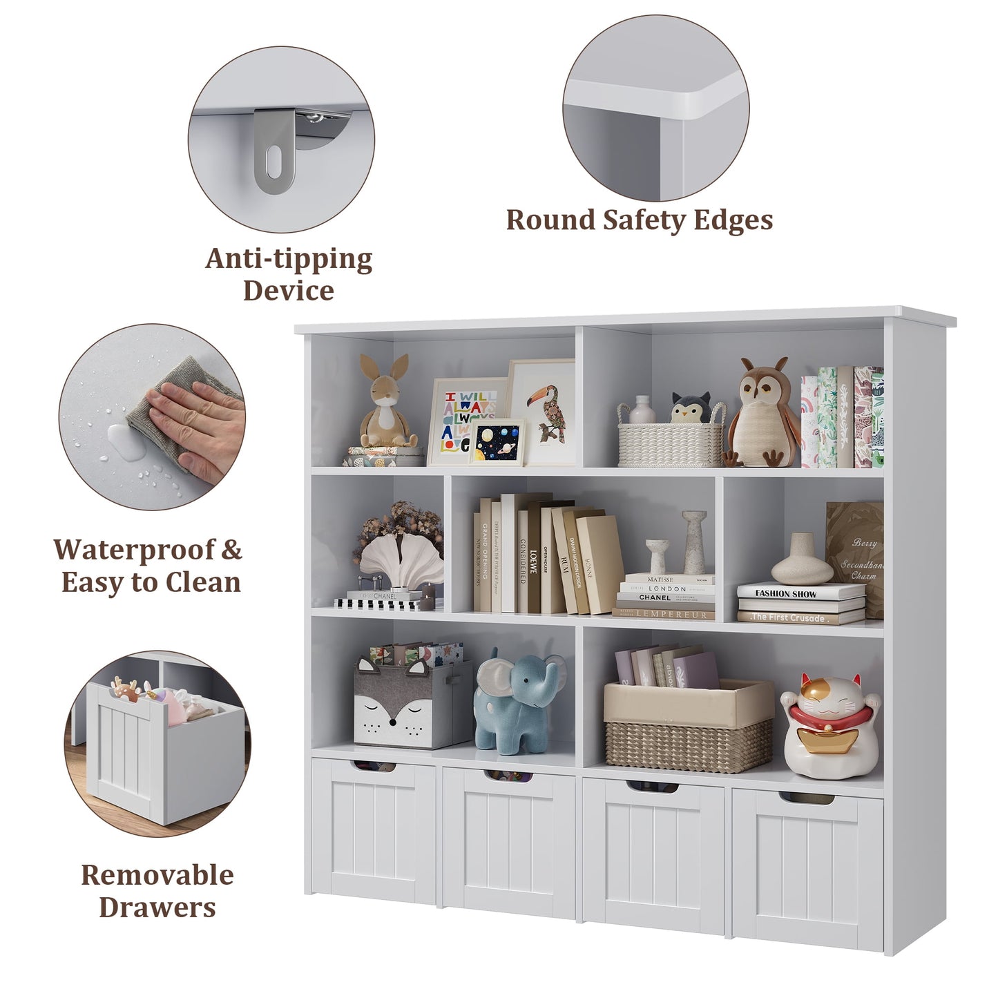 Homfa 7 Cube Toy Storage Organizer, Kids Geometric Bookcase and Bookshelf with 4 Drawers, Gray