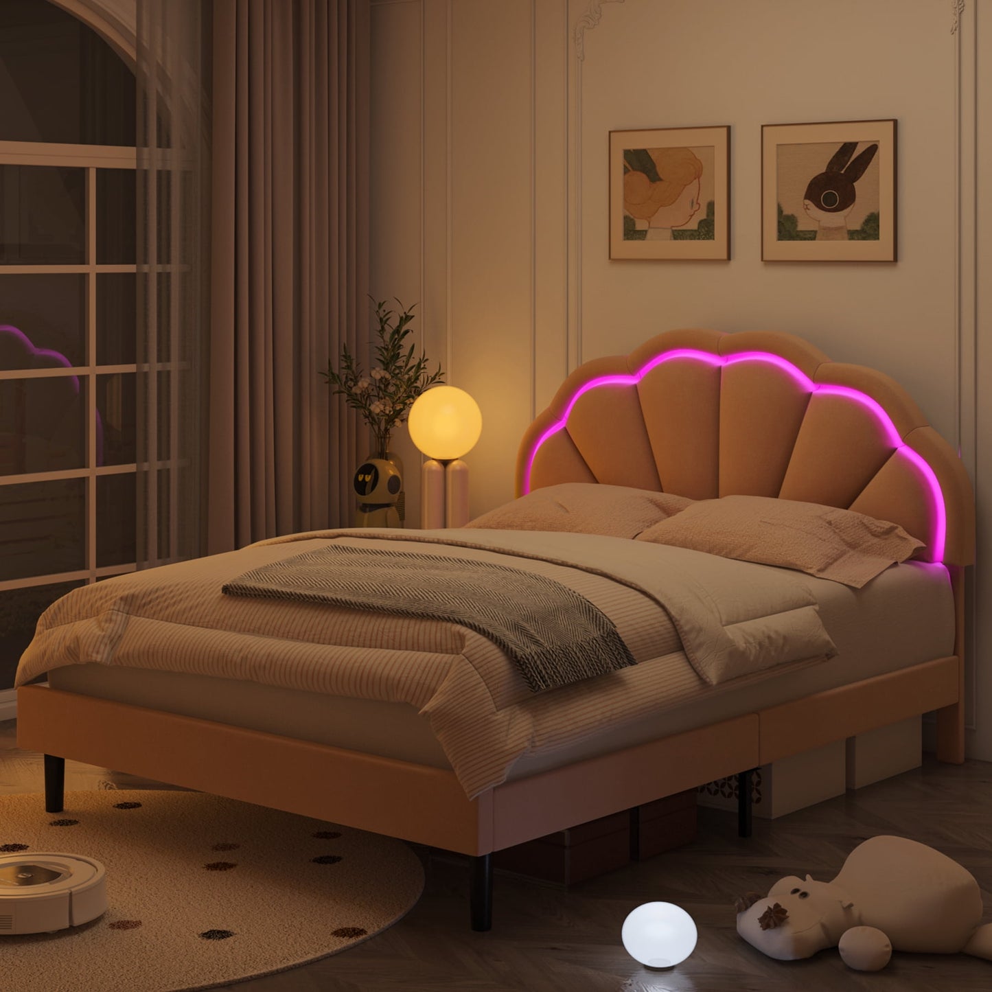Homfa LED Bed Frame, Queen Size Velvet Upholstered Platform Bed with Adjustable Headboard, Lights Seashell Bed for Kids Girls, Pink