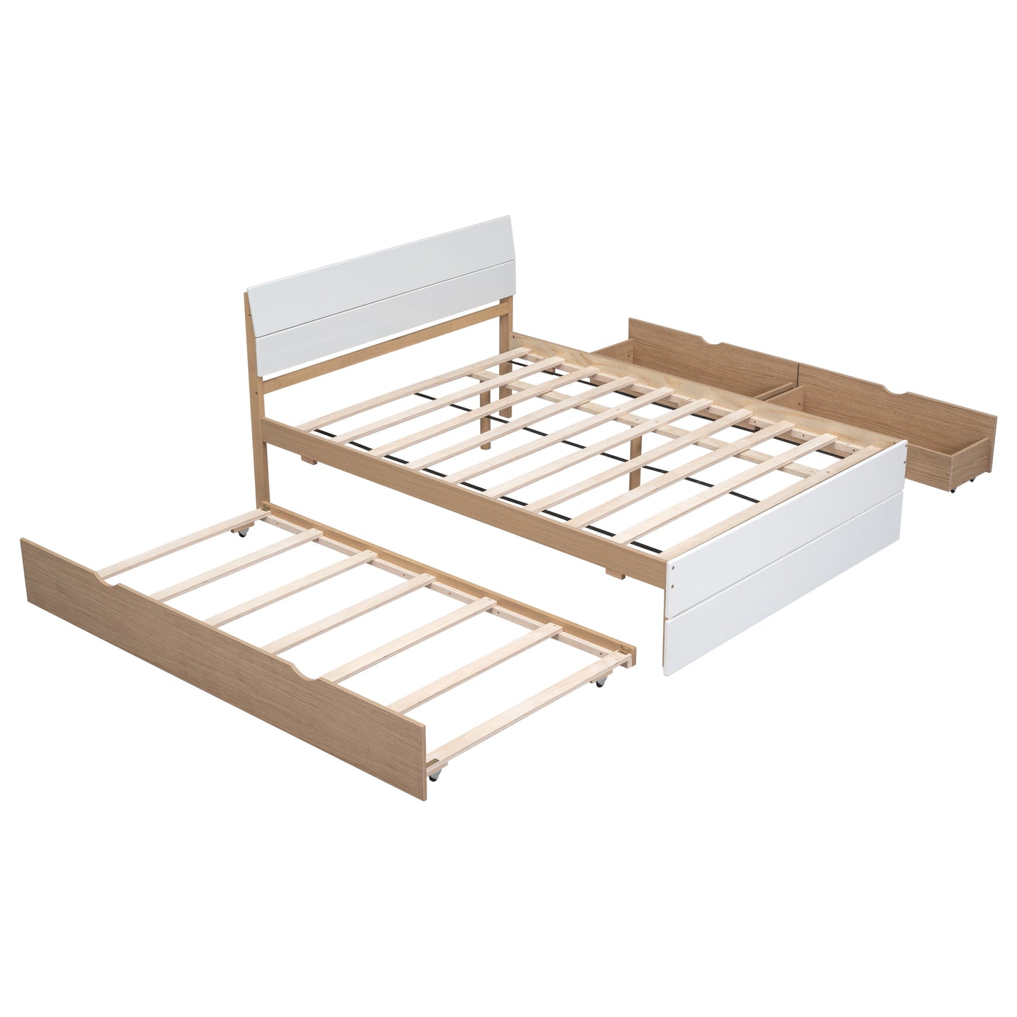 LegaHome Full Bed with Trundle and Storage Drawers, Modern Full Size Solid Wood Platform Bed Frame with Headboard and Trundle Included, No Box Spring Needed, White&Oak