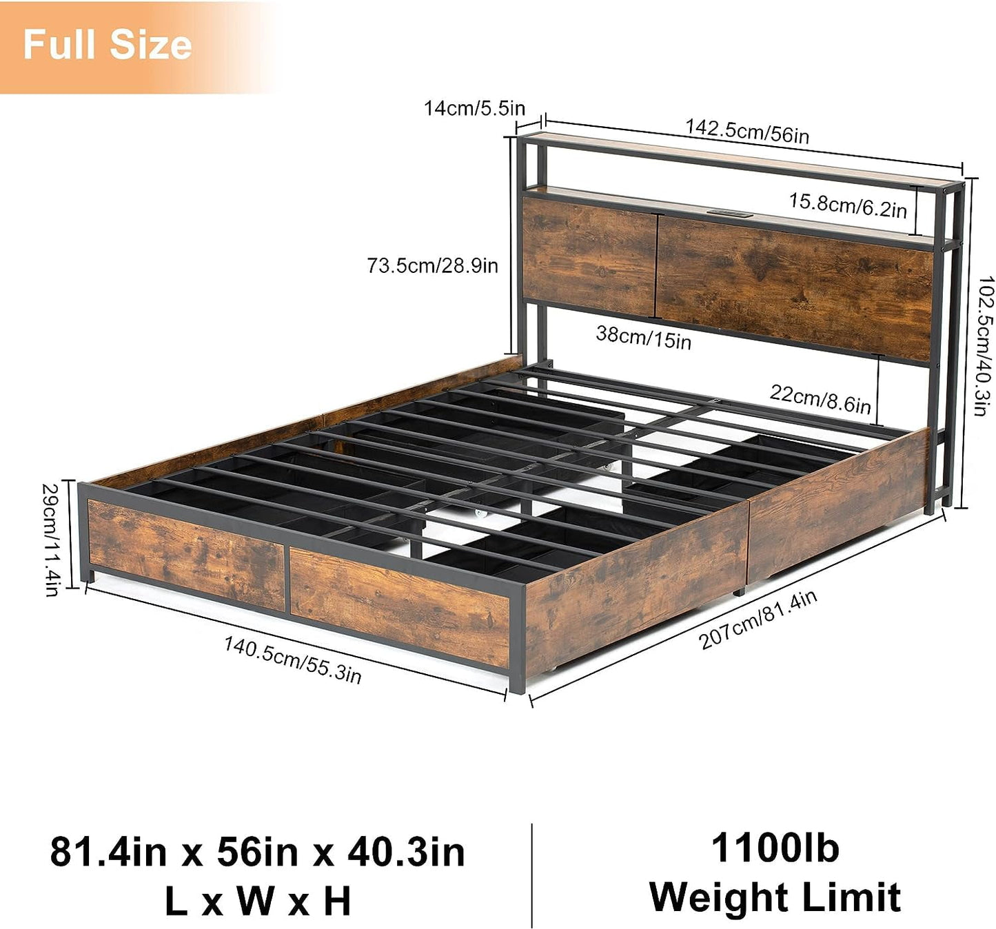 LED Bed Frame with Charging Station, Adjustable Size, Multi-Color Lights & Ample Storage