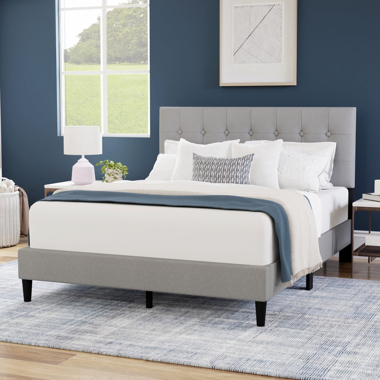 Hendrix Button Tufted Upholstered Full Platform Bed, Light Gray, by Hillsdale Living Essentials