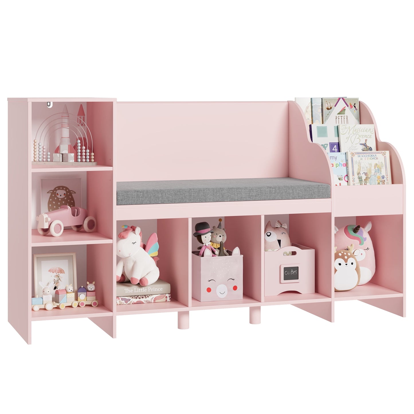 Homfa Kids Bookshelf with Reading & Seat Nook, 7 Cube Wooden Child Toy Organizer with Adjustable Shelf, 31.5in H x 54.5in W, Pink