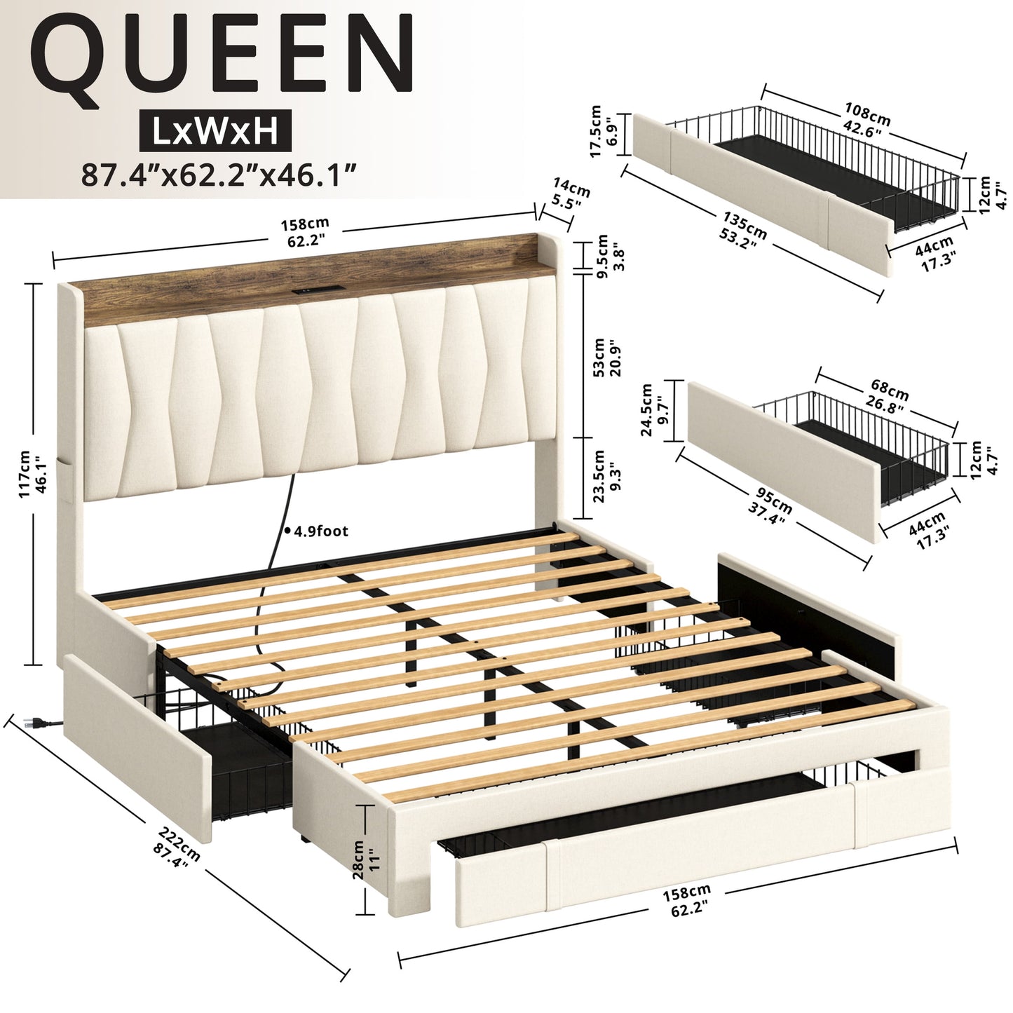 ANCTOR Queen Bed Frame with Upholstered Storage Headboard for Adult, 3 Drawers, Charging Station
