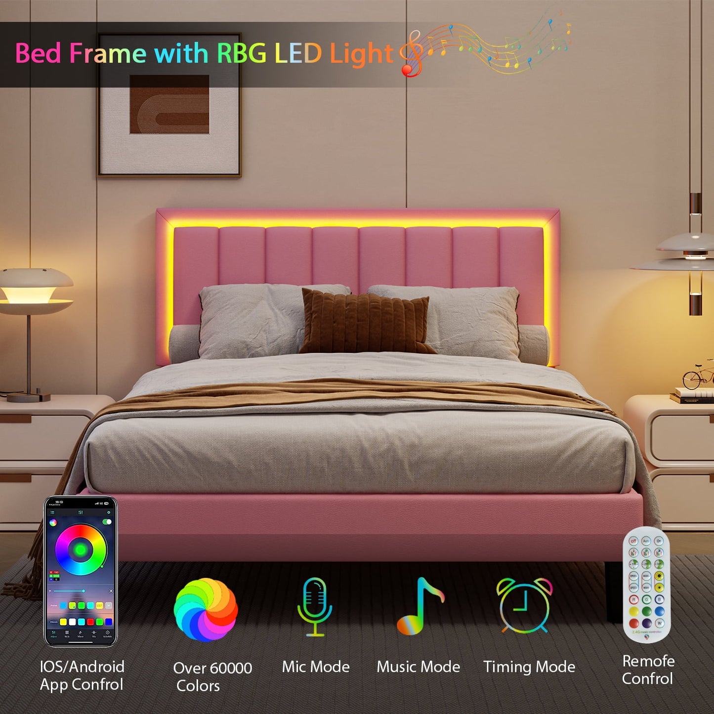 4 EVER WINNER King Size LED Bed Frame, King Bed Frame with LED Light Headboard, Pink Bed Frame for Grils, Pink