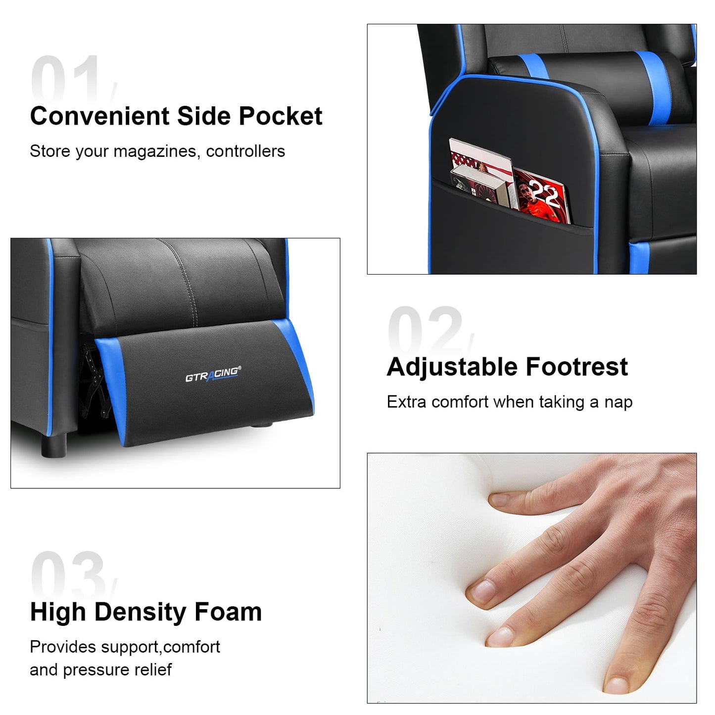 GTRACING Gaming Recliner Chair Bluetooth Speakers Footrest Racing Style Single Living Room Sofa PU Leather Home Theater Seating Massage Lumbar Support, Red