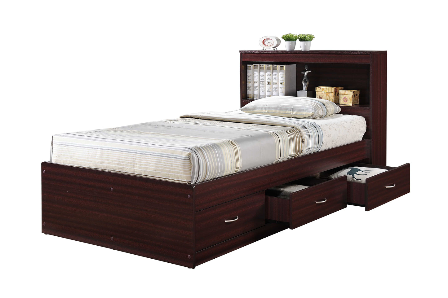 Hodedah Twin-Size Captain Bed with 3-Drawers and Headboard in Mahogany