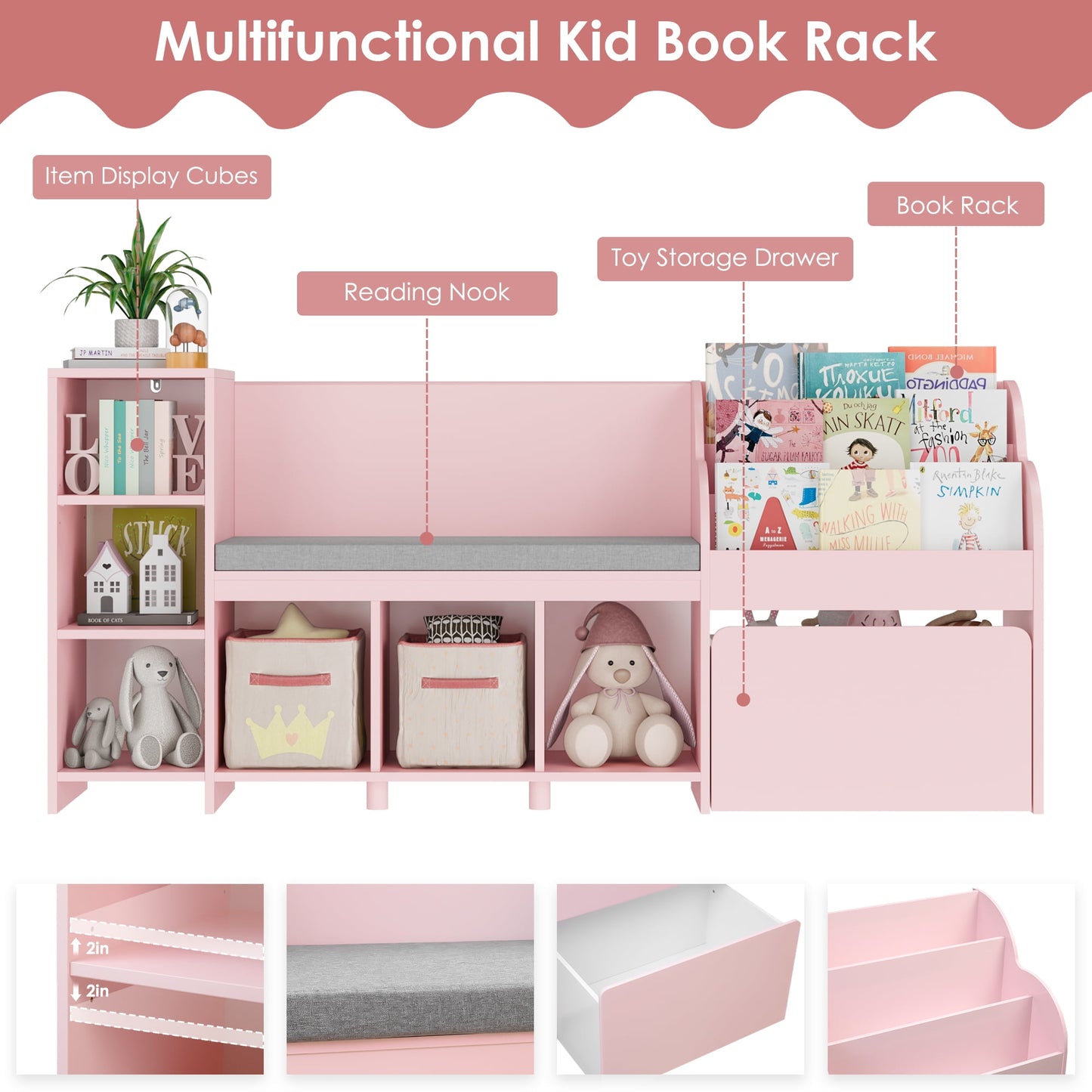 Homfa Pink Kids Bookshelf with Reading Nook, 6 Shelf Bookcase with 1 Wood Toy Bin on Wheels with 3 Tier Book Rack for Children Kidsroom