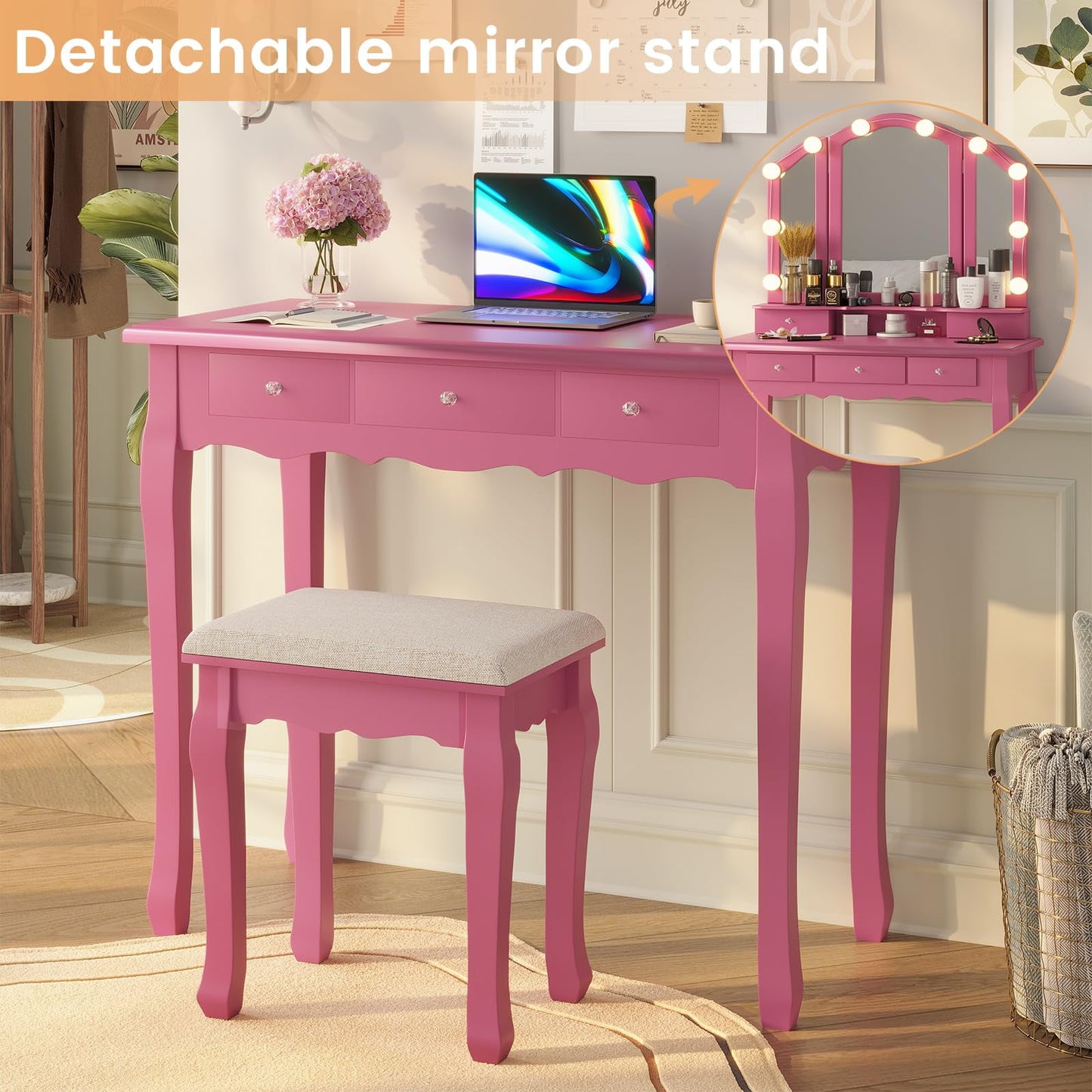 Afuhokles Vanity Table Set with Lighted Tri-Fold Mirror and Stool, Makeup Vanity Dressing Desk 5 Drawers, Pink