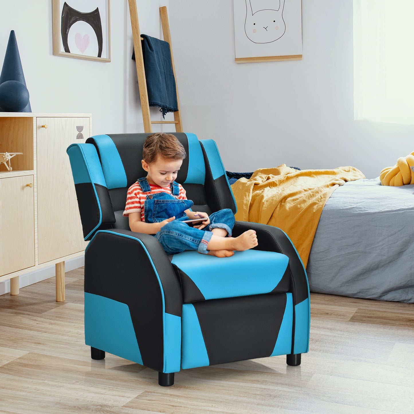 Gymax Gaming Recliner Sofa PU Leather Armchair for Kids Youth w/ Footrest Blue