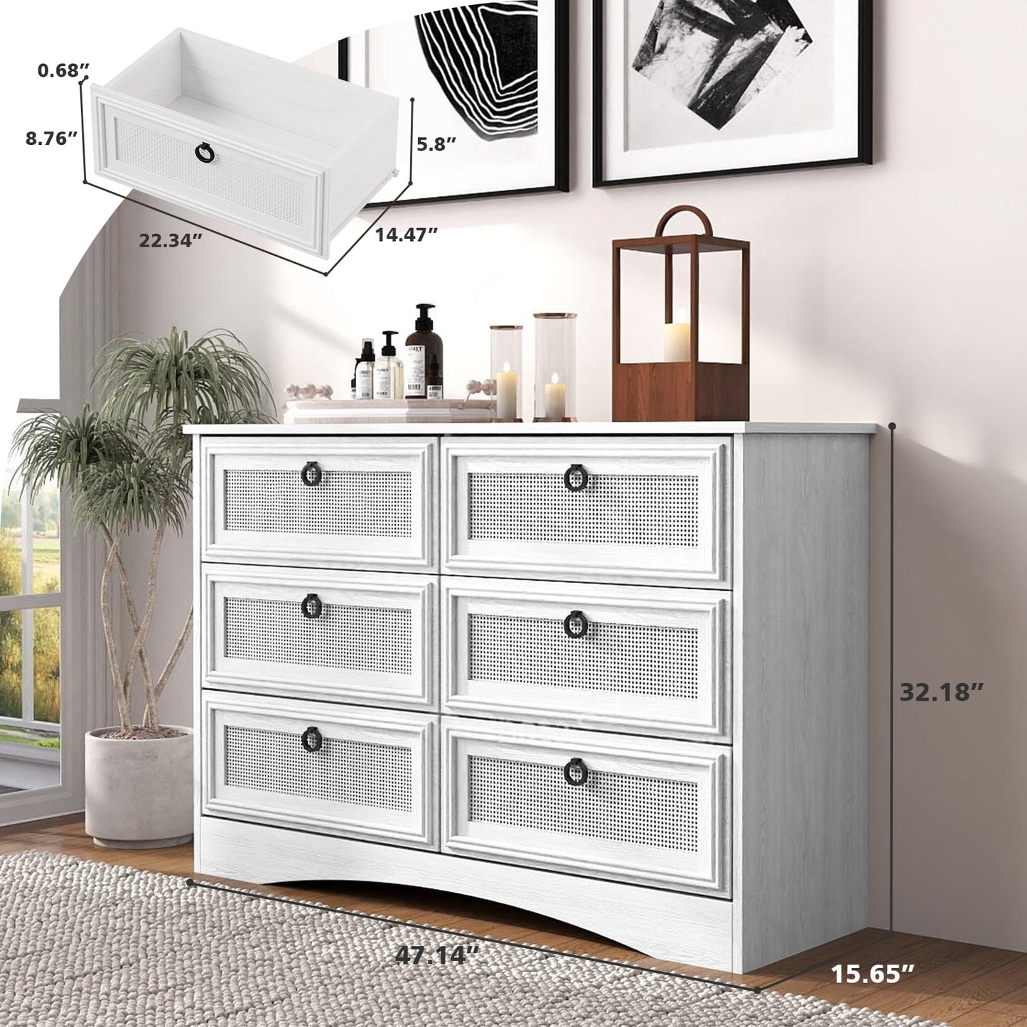 HUJAUU Dresser for Bedroom, Rattan 6 Drawer Dresser, Wide Chest of Drawers for Living Room, Closet, Hallway, Nursery, White