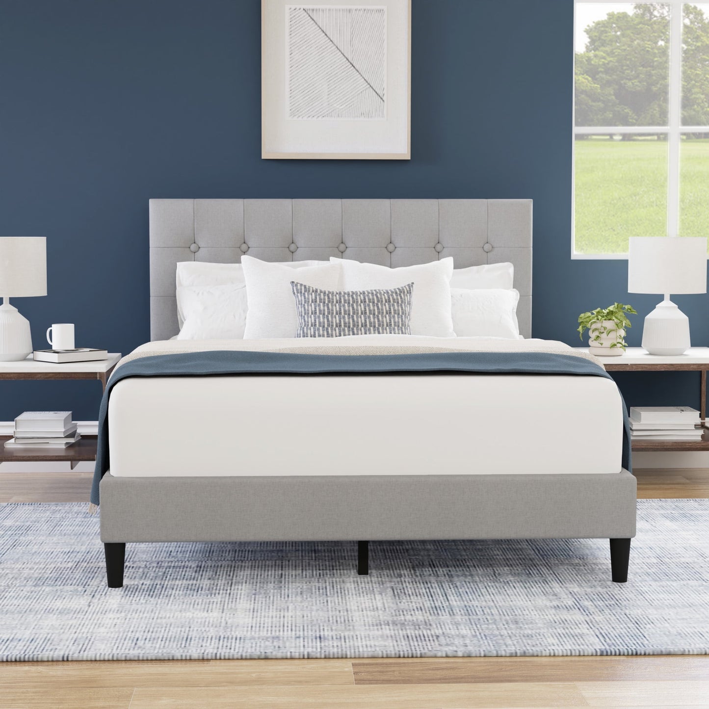 Hendrix Button Tufted Upholstered Queen Platform Bed, Light Gray, by Hillsdale Living Essentials