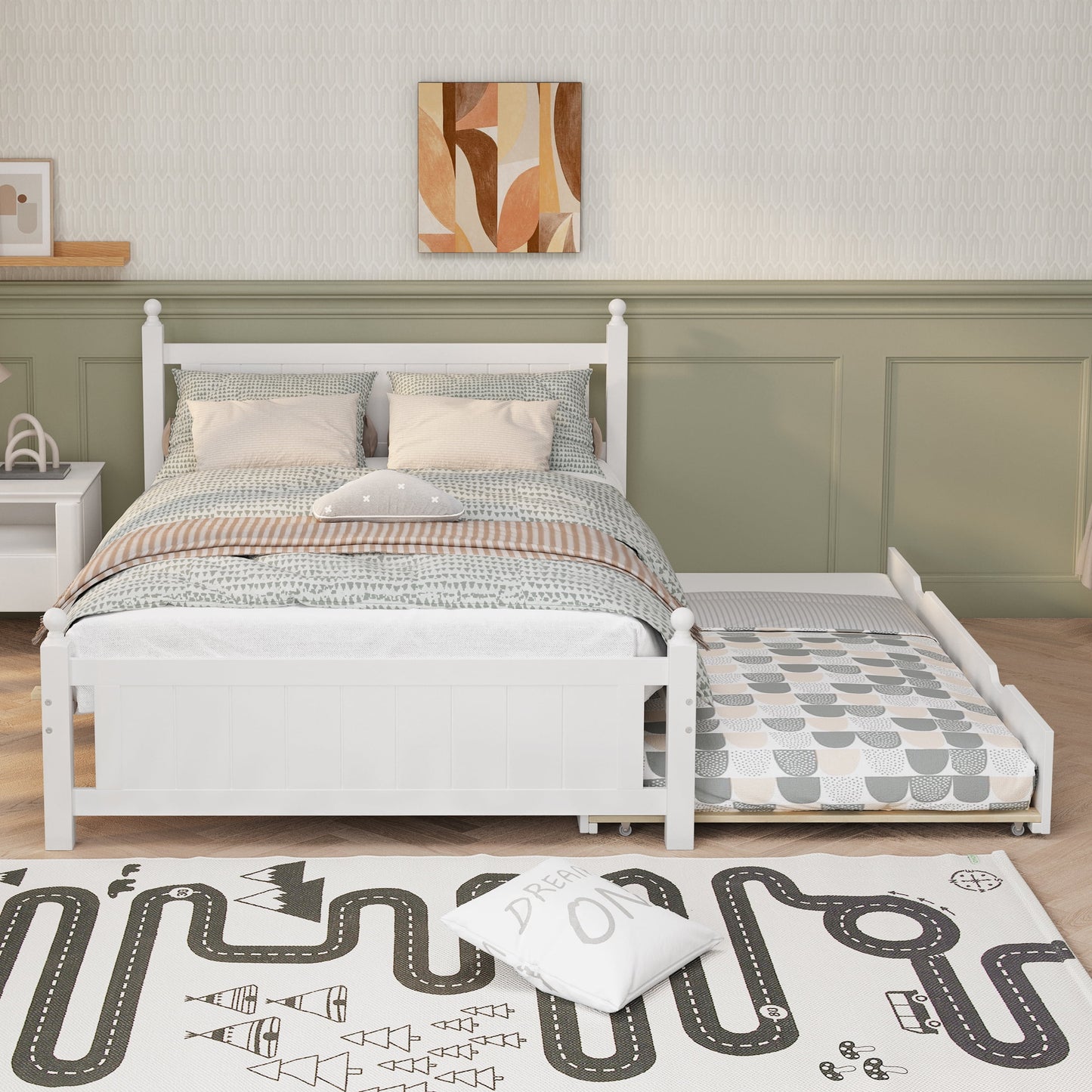 LegaHome Full Bed with Trundle, Solid Wood Bed Frame, Modern Full Size Platform Bed with Headboard and Trundle Included, No Box Spring Needed, Space Saving Trundle Bed for Kids Teens Adults, White