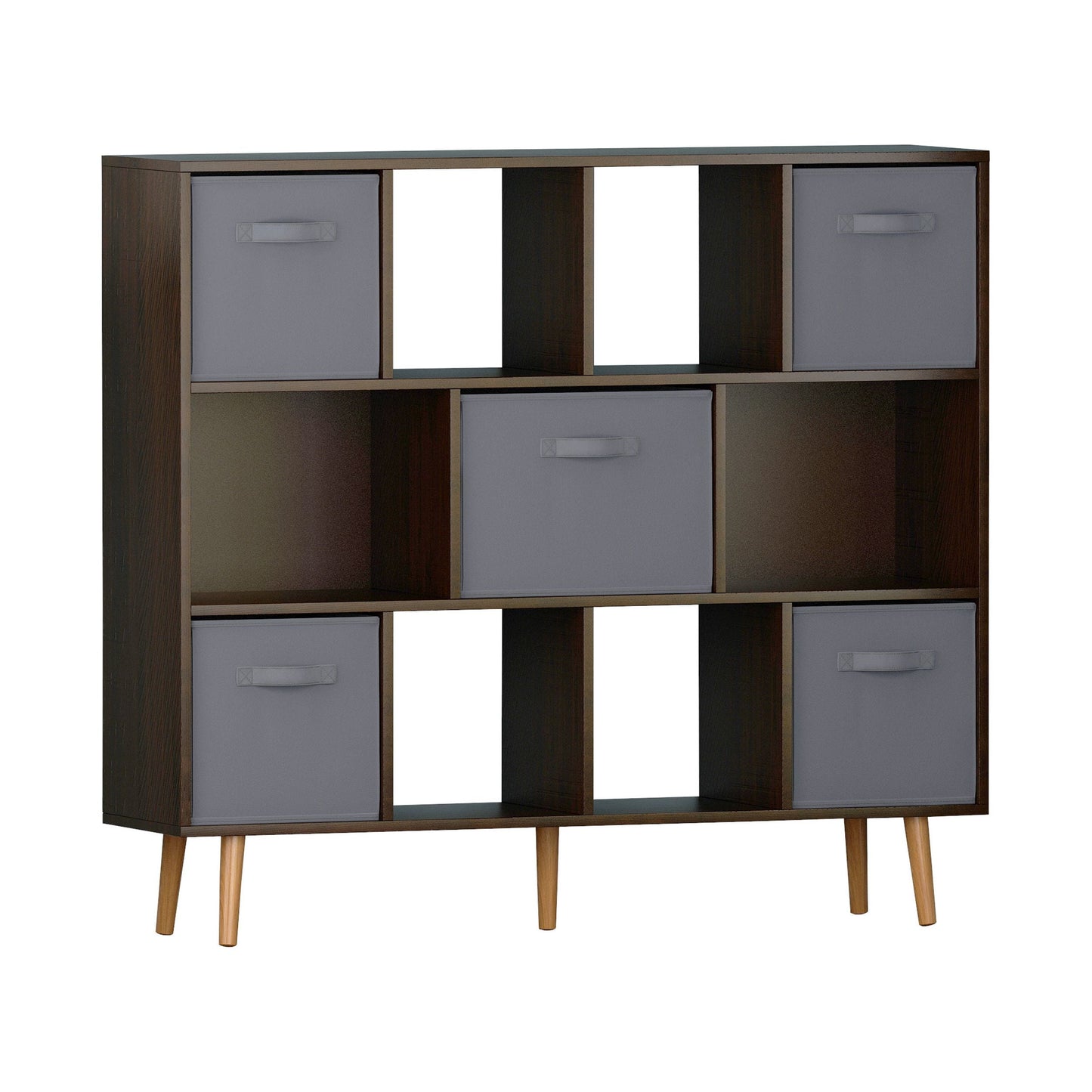 IVV 3-Tier Bookshelf, Wide Bookcase with 5 Fabric Drawers, Modern Book Shlef Storage Organizer Display Rack for Living Room, Entryway, Office, Brown