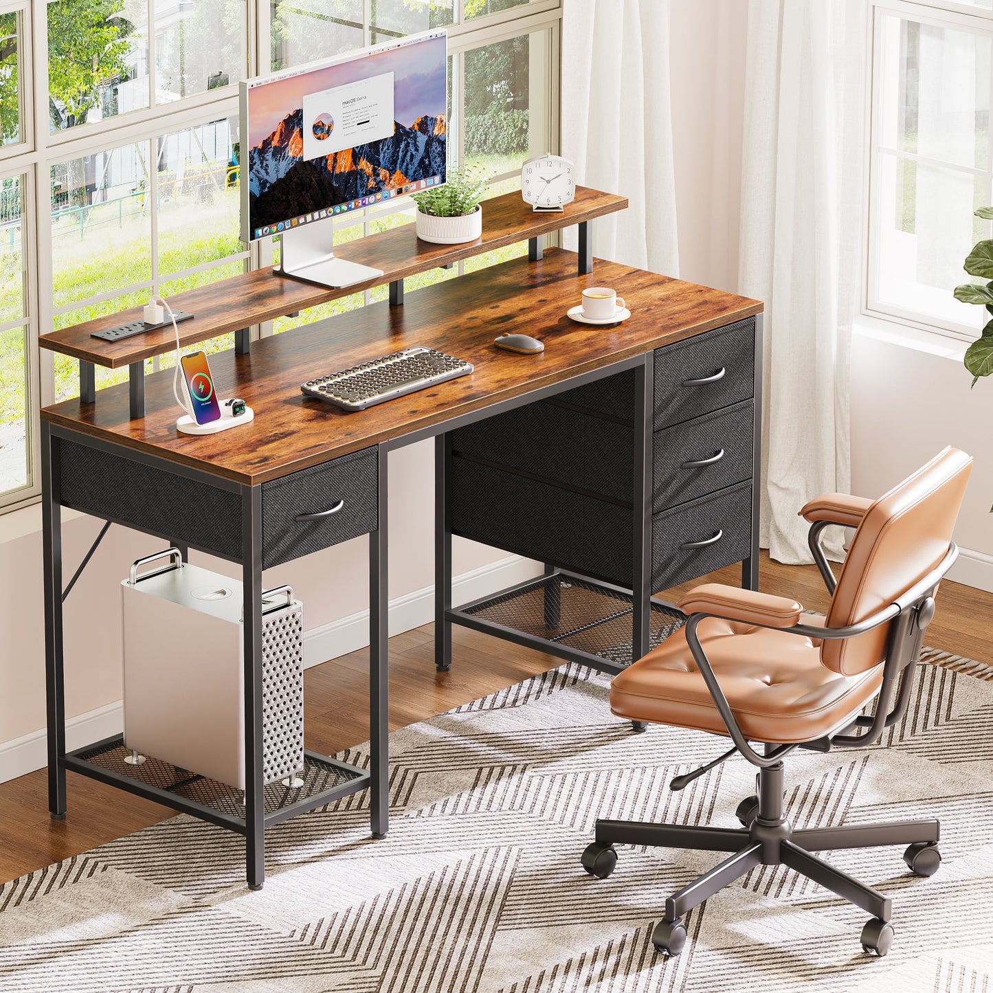 Huuger 55in LED-lit Industrial Desk, Power Outlets, 4 Drawers & Shelves, Gaming/Writing Desk, Rustic Brown