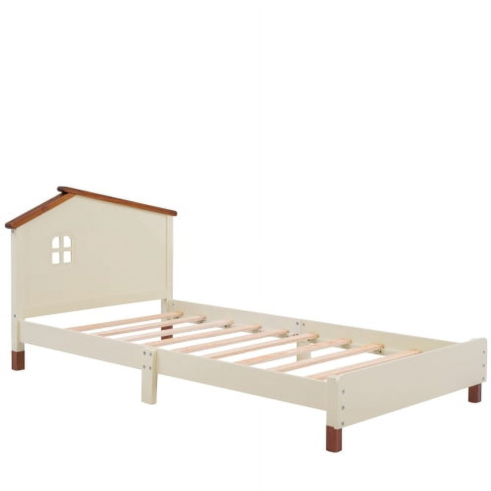 3-Piece Bedroom Set Twin Size Wood House Platform Bed Frame with Nightstand and 6-Drawer Dresser, Modern Twin Bedroom Set Dresser and Nightstand for Kids Boys Girls Teens, Cream+Walnut