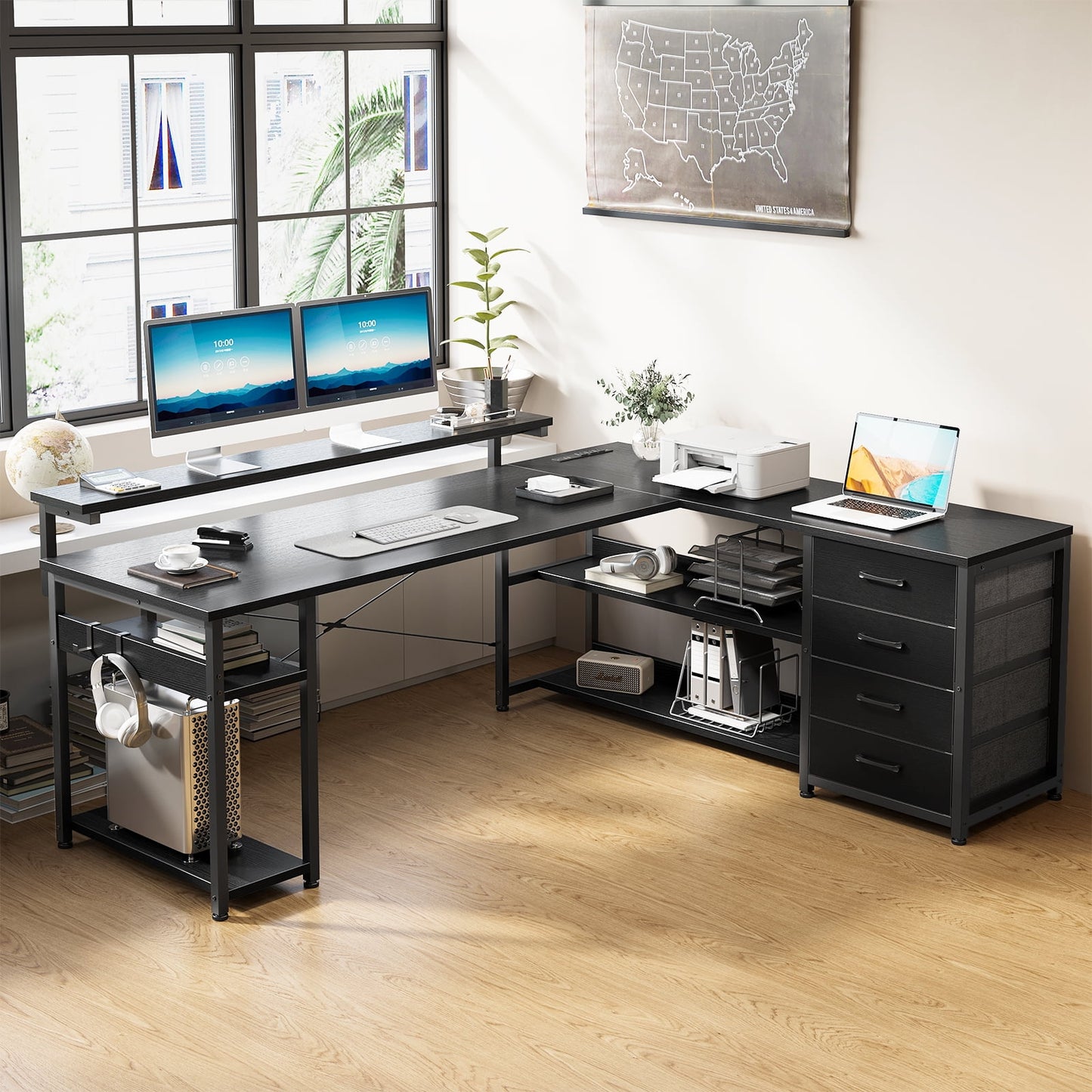 61 inch L Shaped Gaming Desk with LED Lights & Power Outlets, Corner Desk with Drawers, Computer Desk with Adjustable Heights Monitor Stand, Gaming Table with Hooks, Black