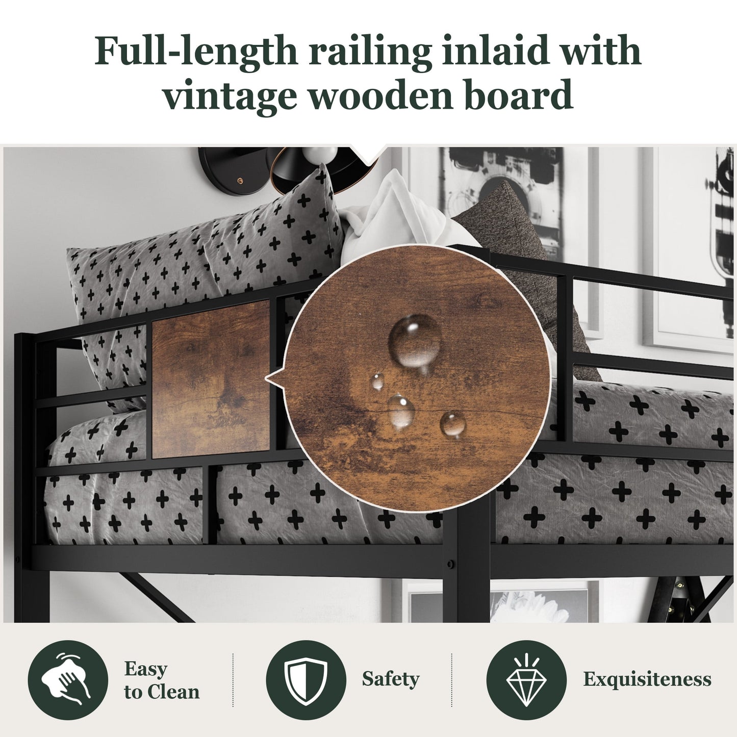 Amolife Twin-Size High Loft Bed with Stairs for Adults, Rustic Modern Natural Wood & Metal, Black Frame