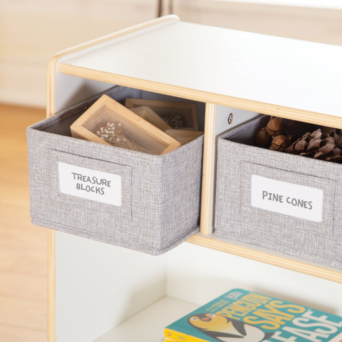 Guidecraft EdQ Shelves and 5 Bin Storage Unit 30in - White: Kids' Wooden Bookshelf Cubby Shelving with Organization for School and Home