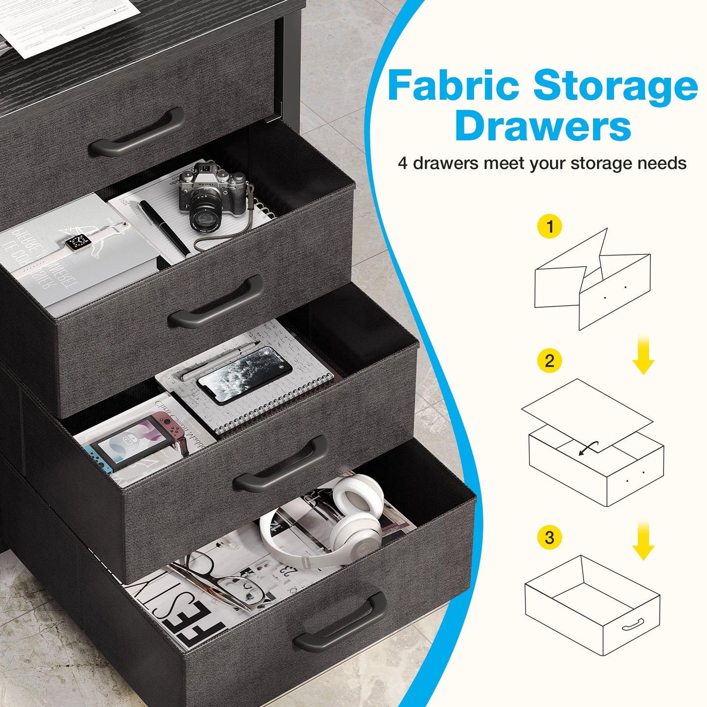 KKL 61 inch L Shaped Gaming Desk with 4 Drawers & Power Outlets, Home Office Desk with Adjustable Heights Monitor Stand & Keyboard Tray, Computer Desk with LED Light, Pure Black